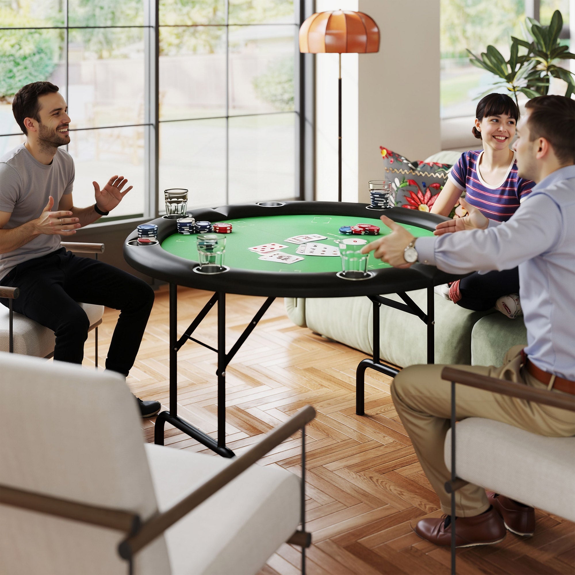 Poker Table Foldable 47" Round Casino Folding Game Table for 8 Players with Cup Holders, Green