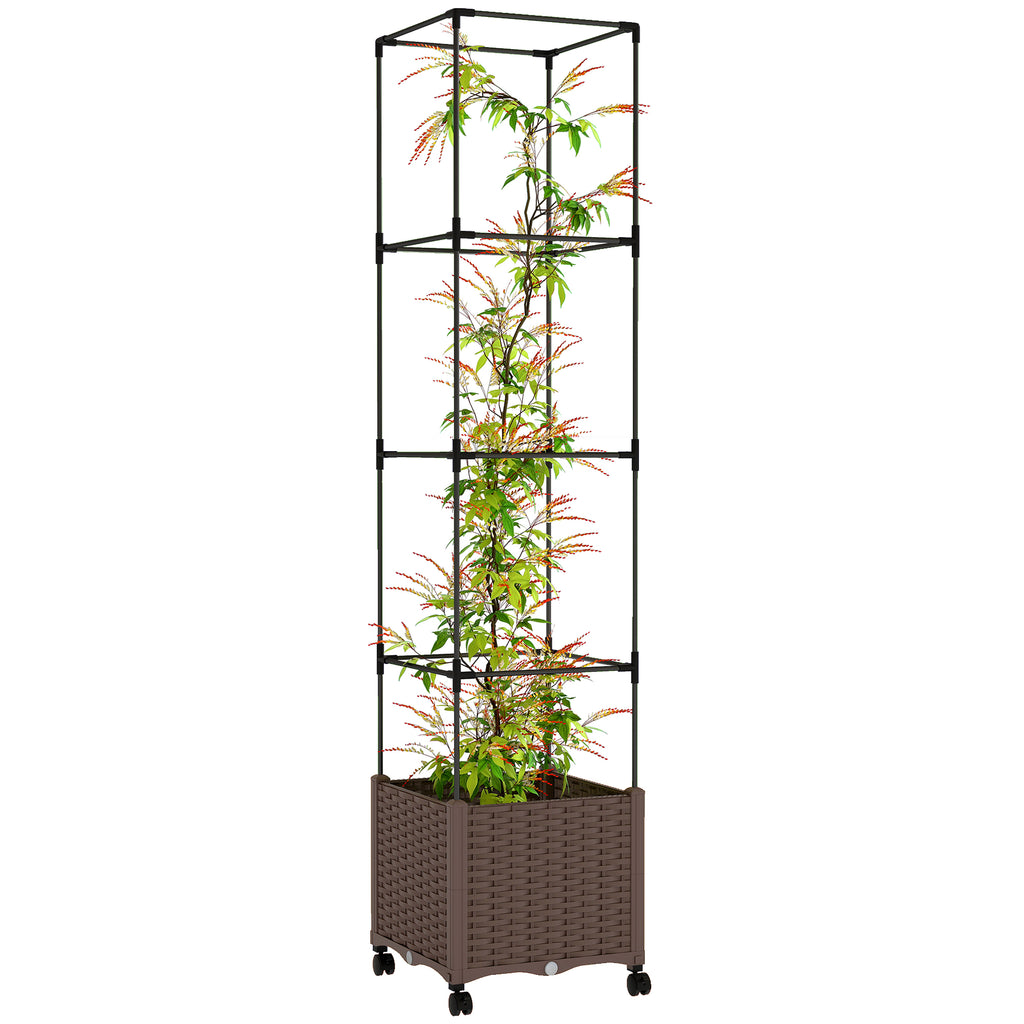 Raised Garden Bed with Trellis, Tomato Cage with Lockable Wheels, Self Watering Planter Box with Drainage Holes, Brown