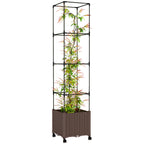 Raised Garden Bed with Trellis, Tomato Cage with Lockable Wheels, Self Watering Planter Box with Drainage Holes, Brown