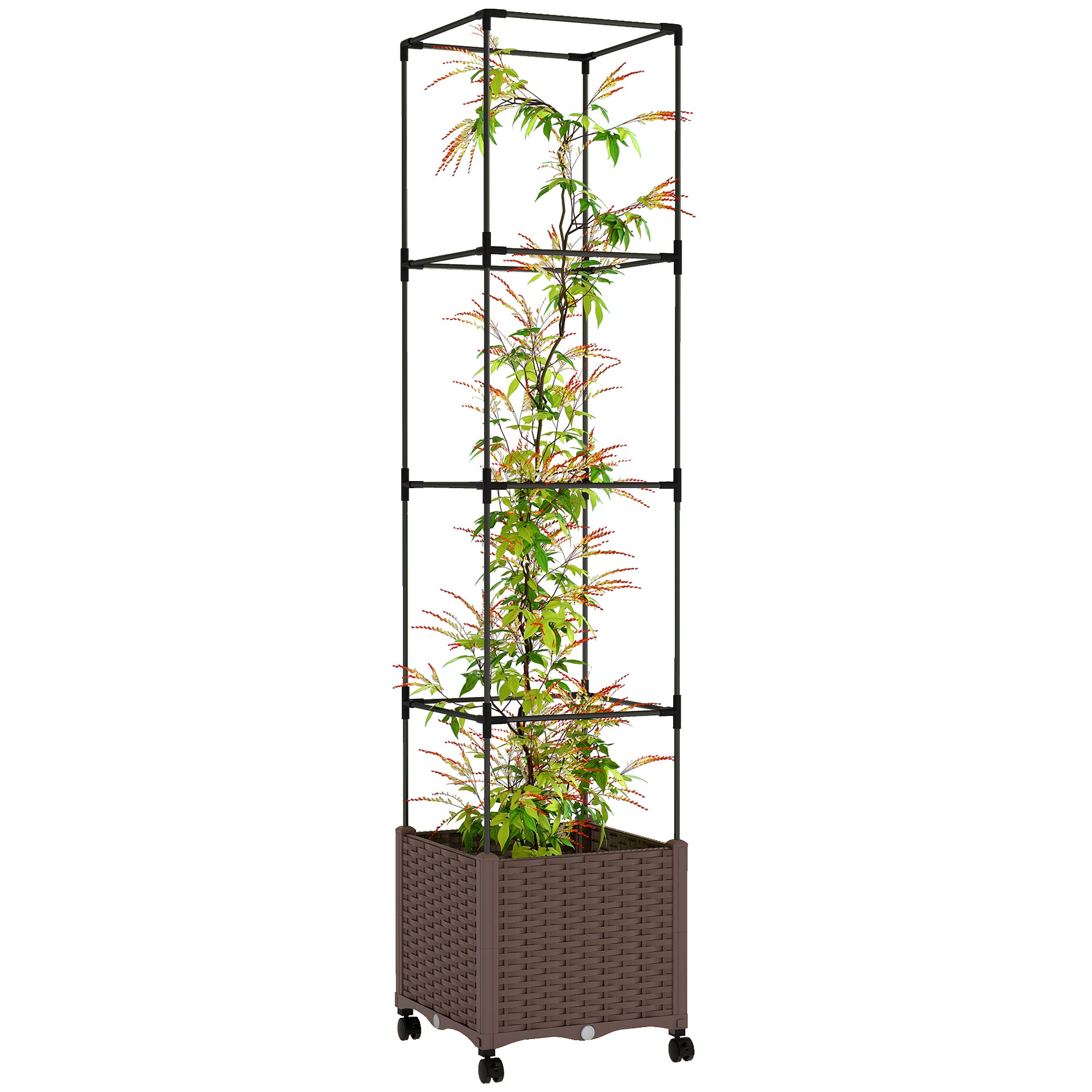 Raised Garden Bed with Trellis, Tomato Cage with Lockable Wheels, Self Watering Planter Box with Drainage Holes, Brown