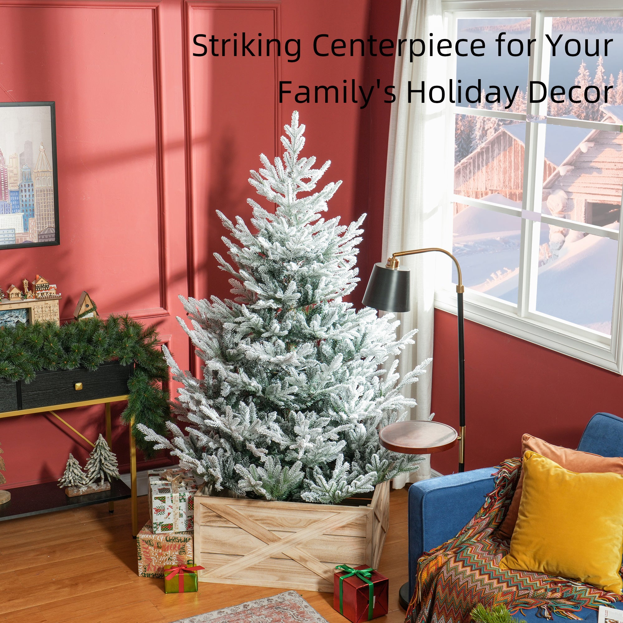 6 FT Artificial Christmas Tree, Flocked Hinged Xmas Tree with 795 Tips, Steel Base, Auto Open, Green