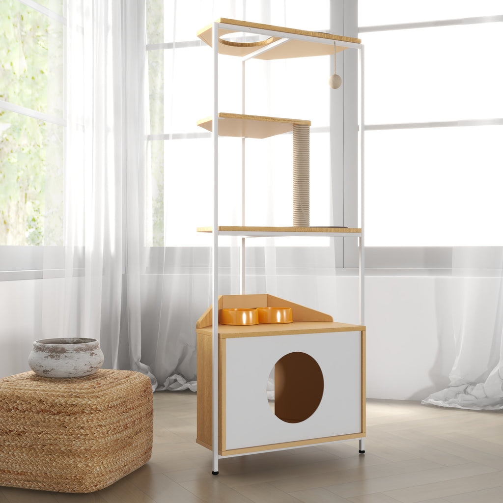 Corner Multi-Level Cat Tower and Condo with Scratching Post, Feeding Station, 25" L x 16" W x 58.5" H, White+Light Oak