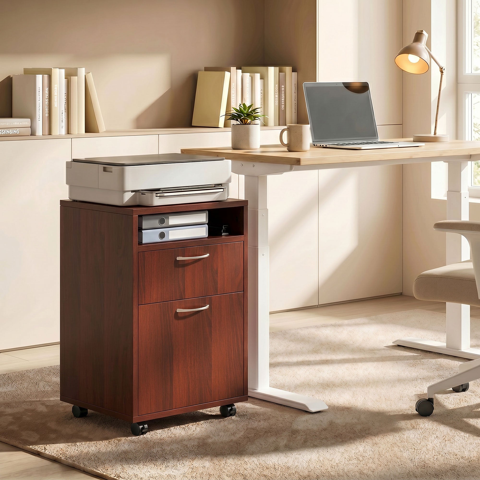 Mobile Storage Cabinet Organizer with Drawer and Cabinet, Printer Stand with Castors, Brown