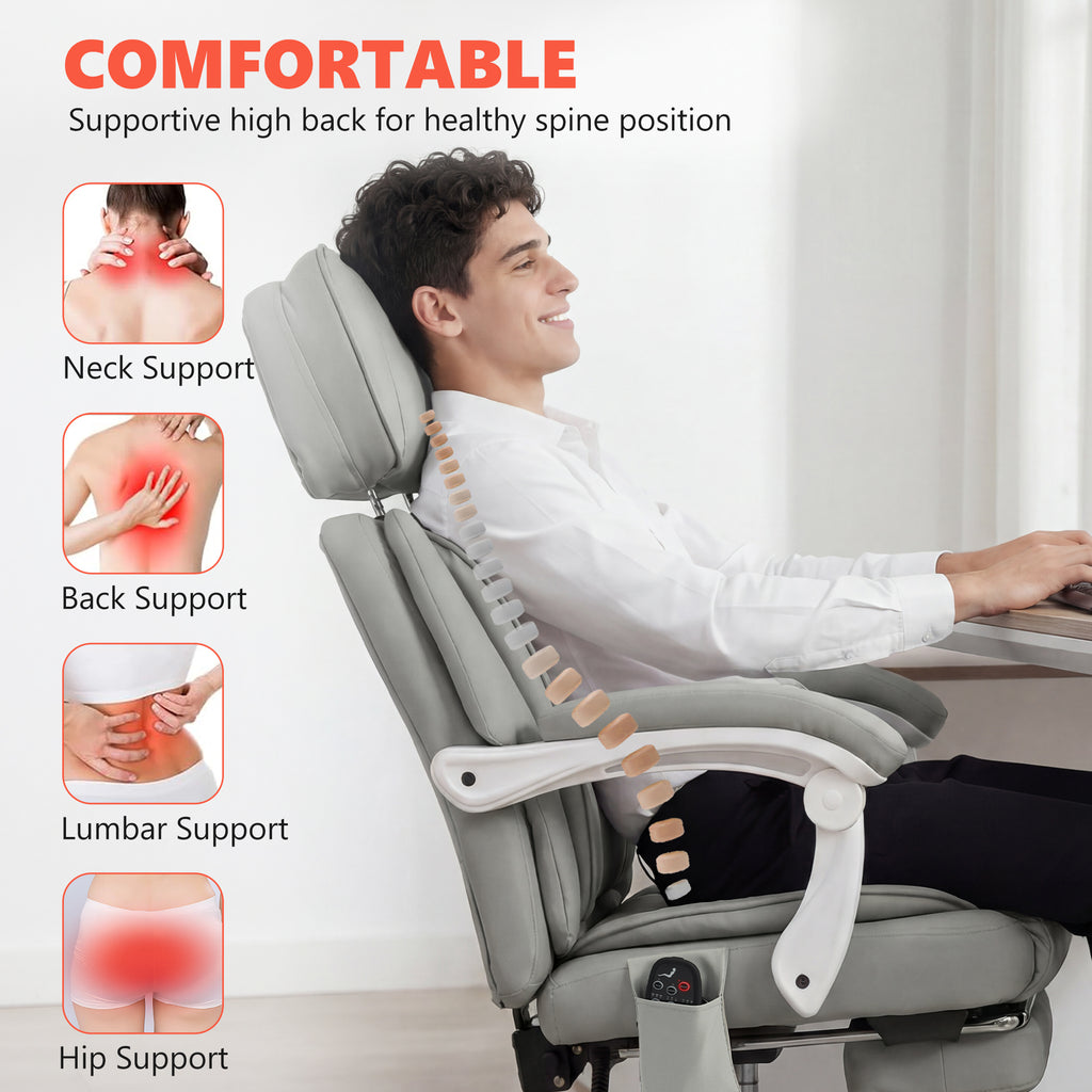 High Back Vibration Massage Office Chair Heated Reclining Computer Chair w/ Footrest, Swivel Wheels, Remote, Light Gray