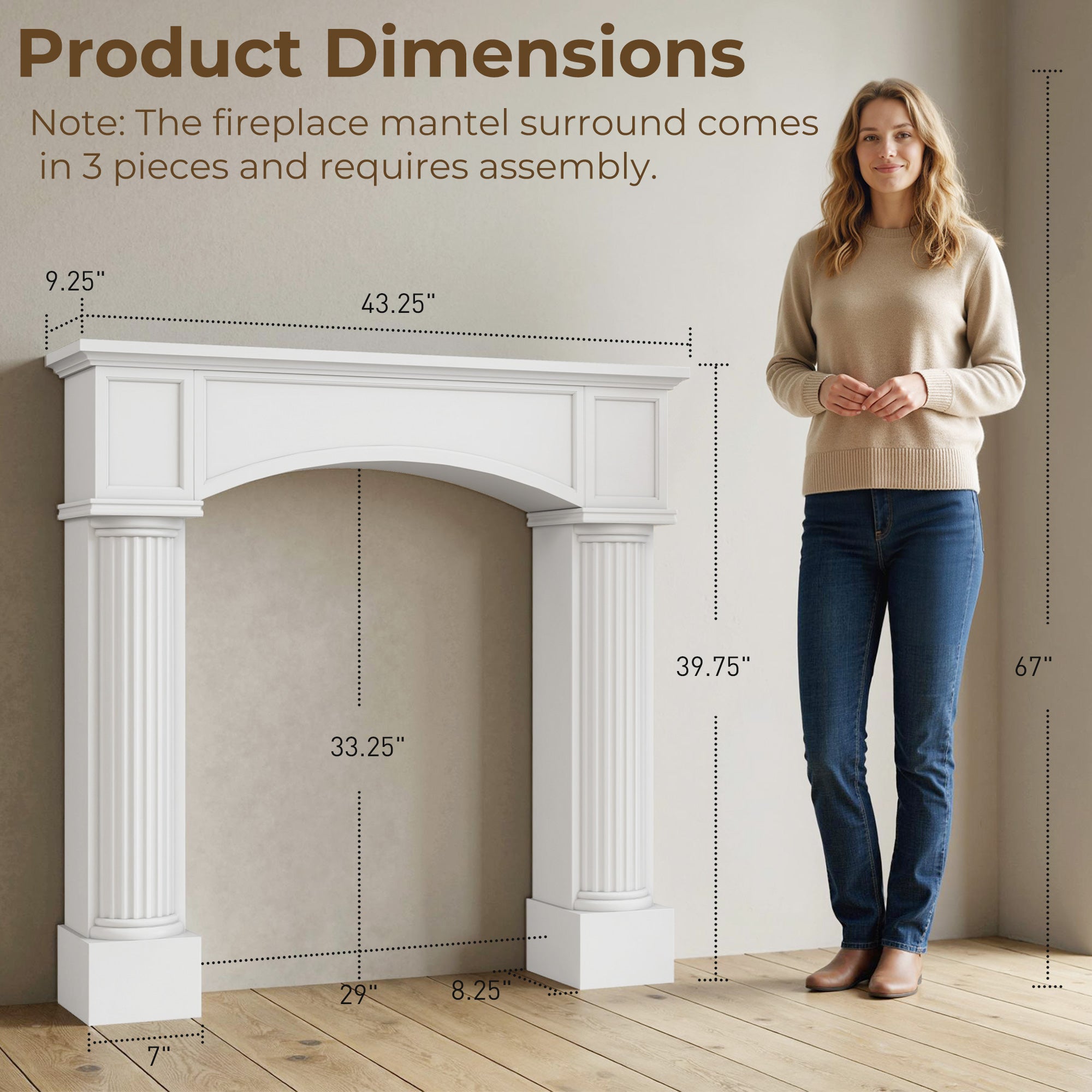 Modern Fireplace Mantel, Freestanding Fireplace Surround for Electric Fireplaces, 43.3" W x 39.8" H, White