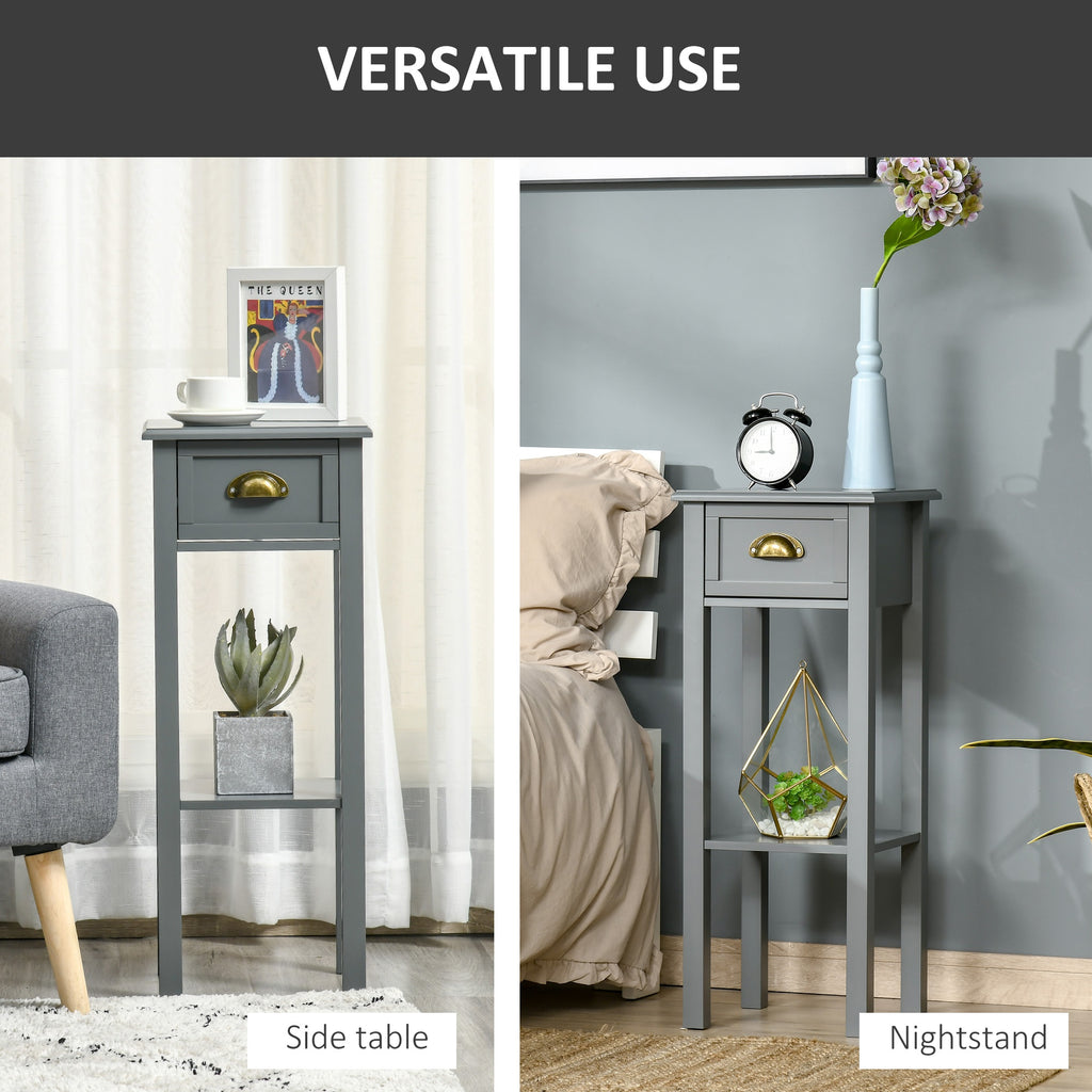 2-Tier Tall Side Table, Nightstand End Table w/ Drawer & Bottom Shelf for Living Room, Bedroom, Gray