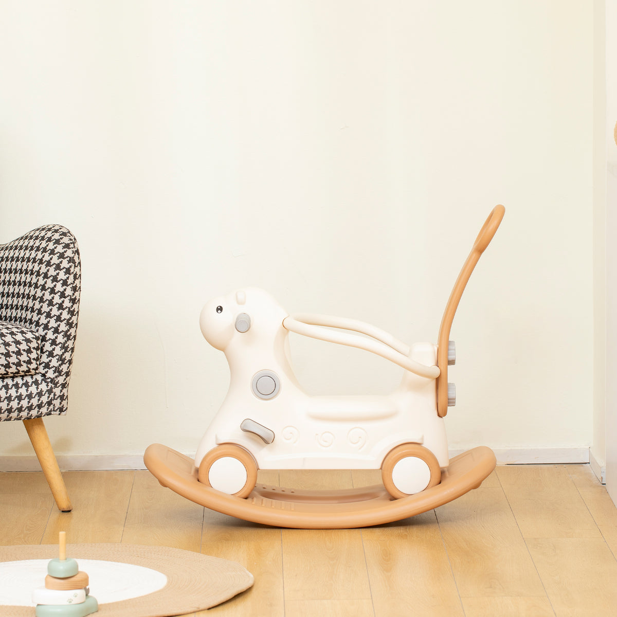 Rocking Horse for Toddlers 1-3 Years, 4-in-1 Baby Rocking Horse with Detachable Balance Board and Push Handle, Brown