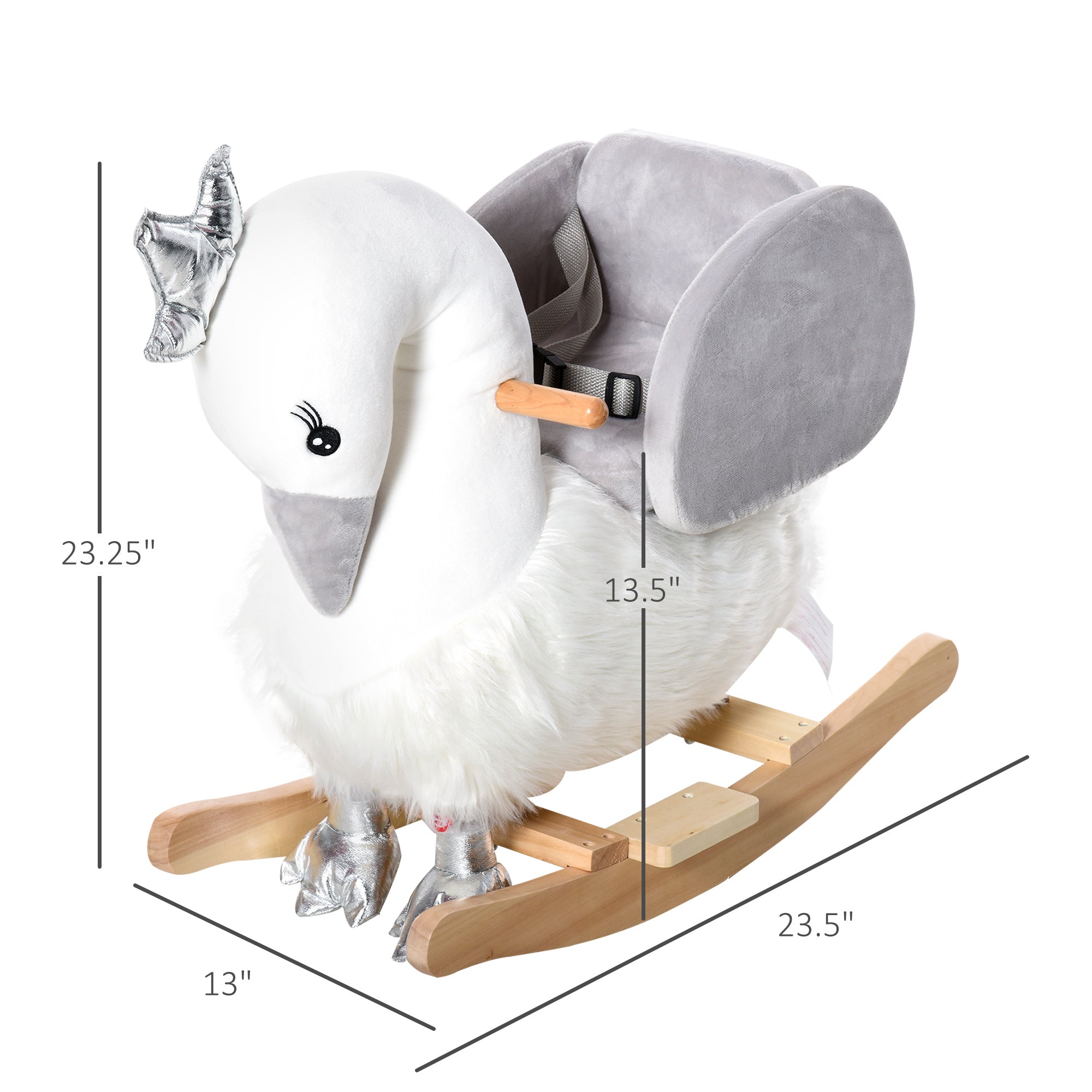 Kids Ride on Horse Swan Rocker with Sound, Plush Seat, Wooden Base, Safety Belt for Toddlers 18-36 Months, White