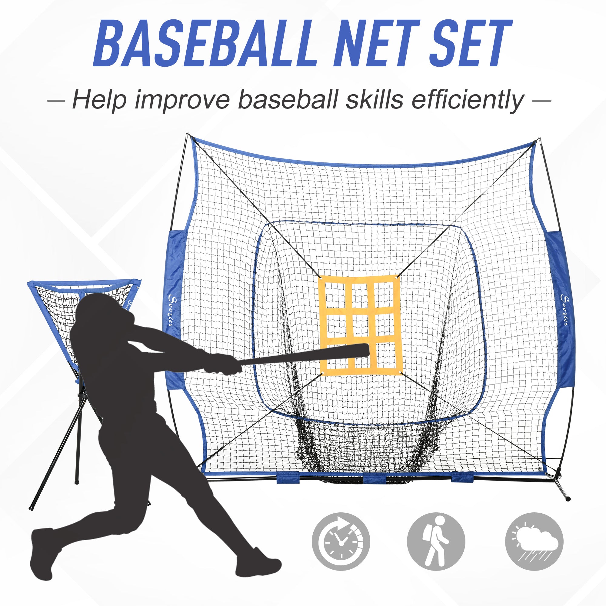 Baseball Practice Net Set with 7.5x7ft Catcher Net, Ball Caddy and Batting Tee, Portable Pitching Net with Carry Bag for Hitting, Pitching, Batting, Catching, Blue