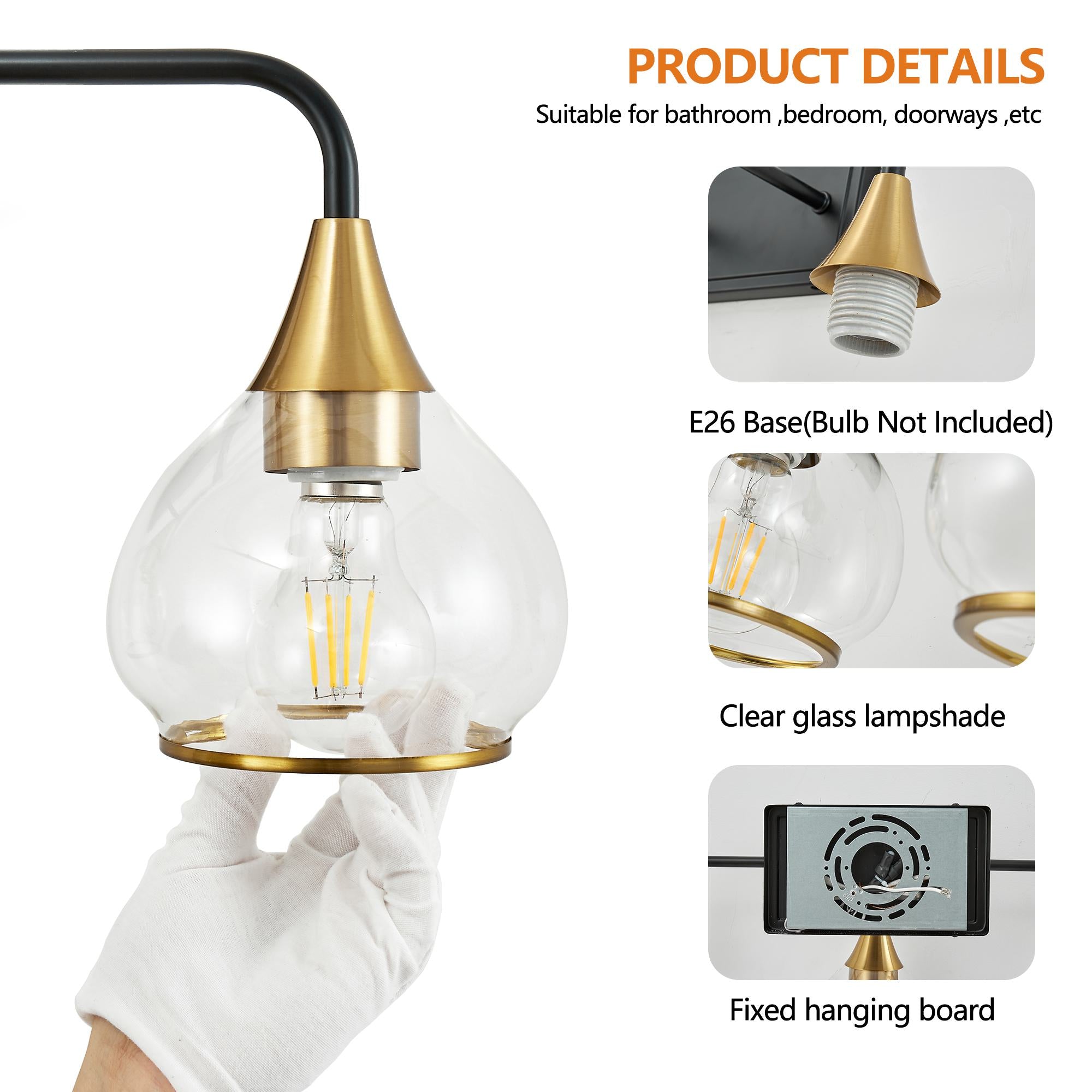 48" Modern 6-Light Vanity Wall Sconce with Clear Glass Shades, Wall Mounted Lamp for Bathroom, Living Room, 48" L x 8" W x 11" H, Black+Gold