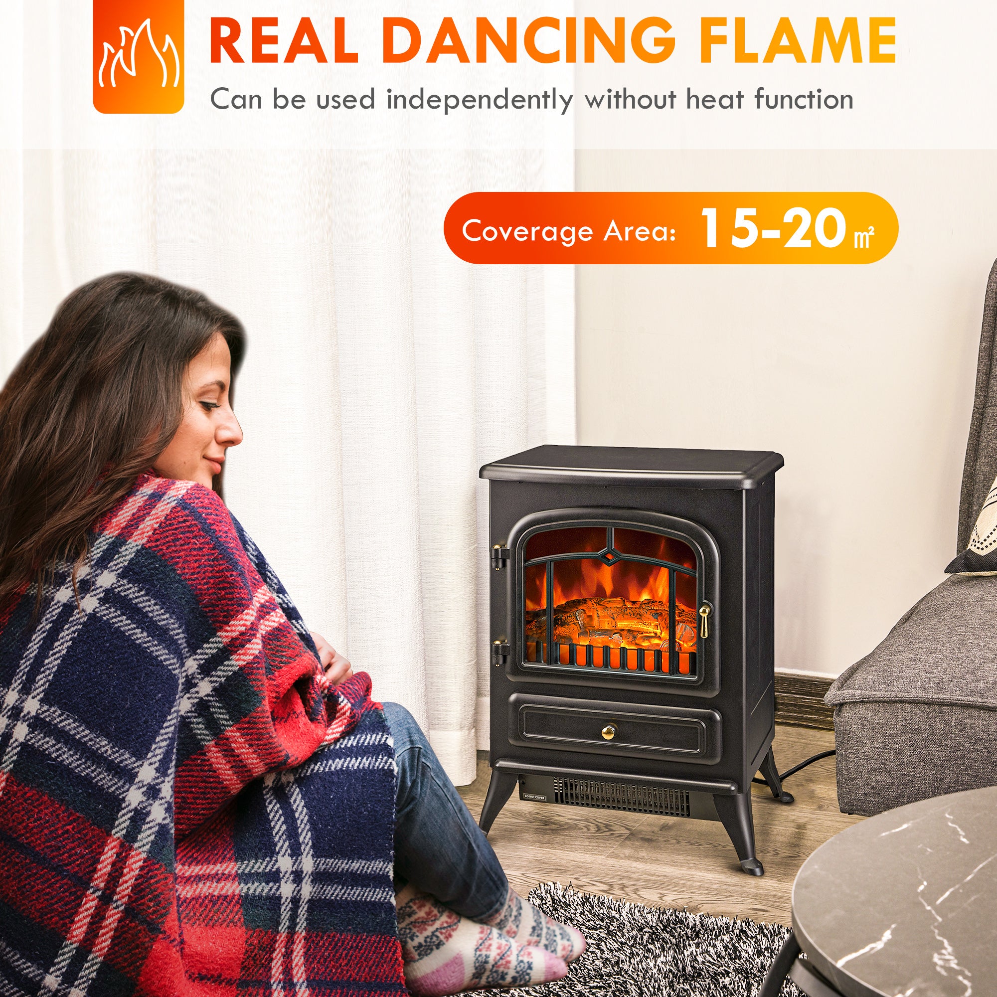 Fireplace Stove, Electric Fireplace Heater with Realistic LED Flames and Logs, 725W/1450W, Black