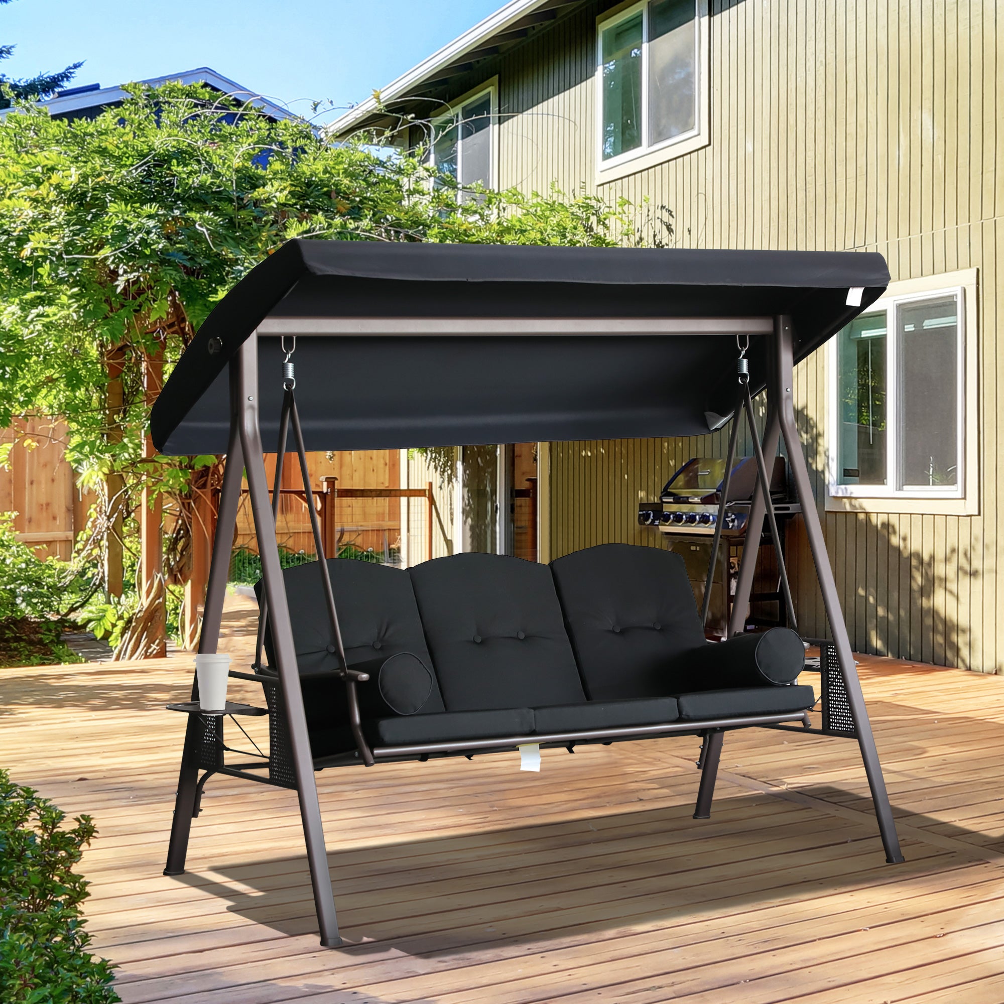 3-Seat Patio Swing Chair, Outdoor Porch Swing Glider with Adjustable Canopy, Removable Cushion, Pillows and Side Trays, for Garden, Poolside, Backyard, Black