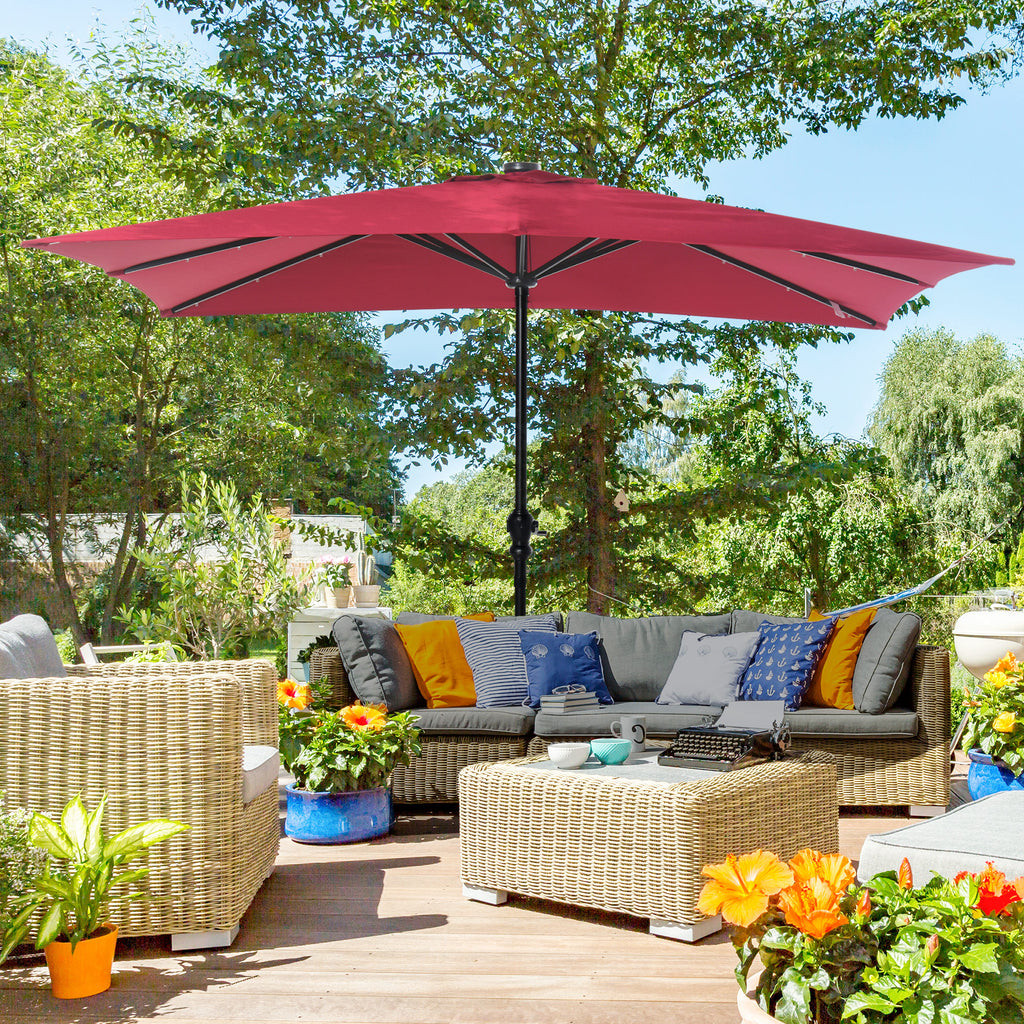 9' x 7' Solar Umbrella, LED Lighted Patio Umbrella for Table or Base with Tilt & Crank, Outdoor Umbrella for Garden, Deck, Backyard, Pool, Beach, Wine Red