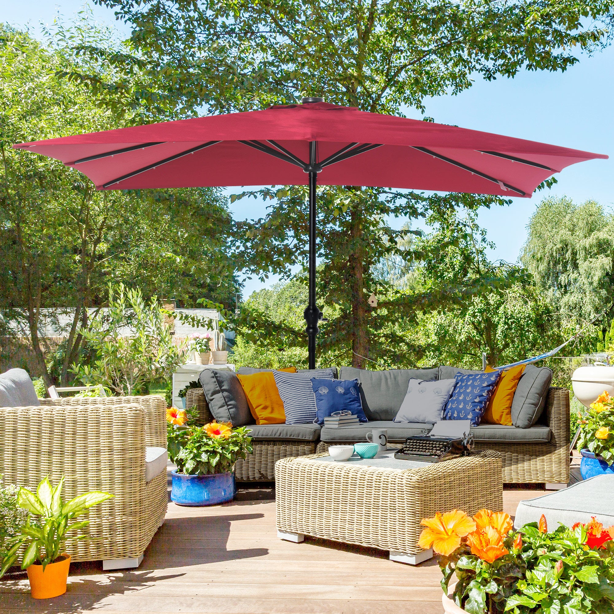 9' x 7' Solar Umbrella, LED Lighted Patio Umbrella for Table or Base with Tilt & Crank, Outdoor Umbrella for Garden, Deck, Backyard, Pool, Beach, Wine Red