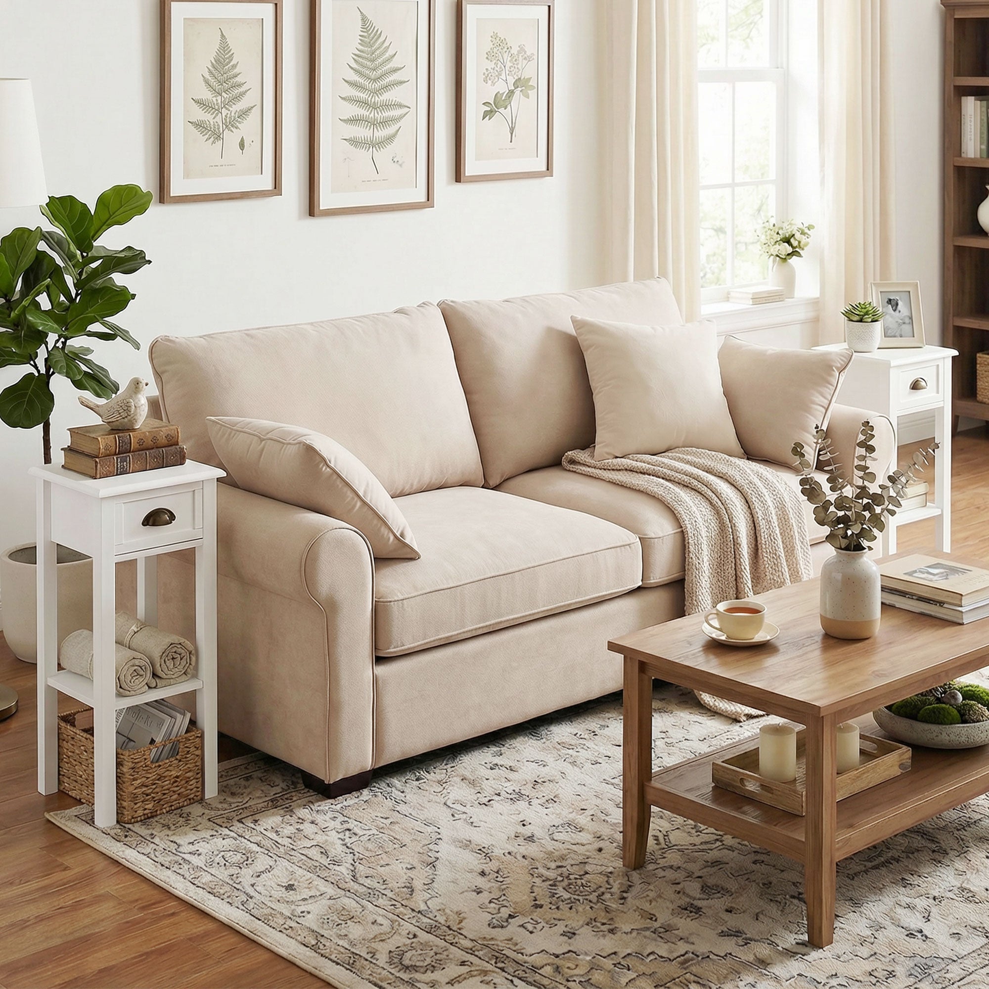 2-Tier Side Tables Set of 2 with Drawer and Shelf, 2 Pieces End Tables for Living Room and Hallway, White