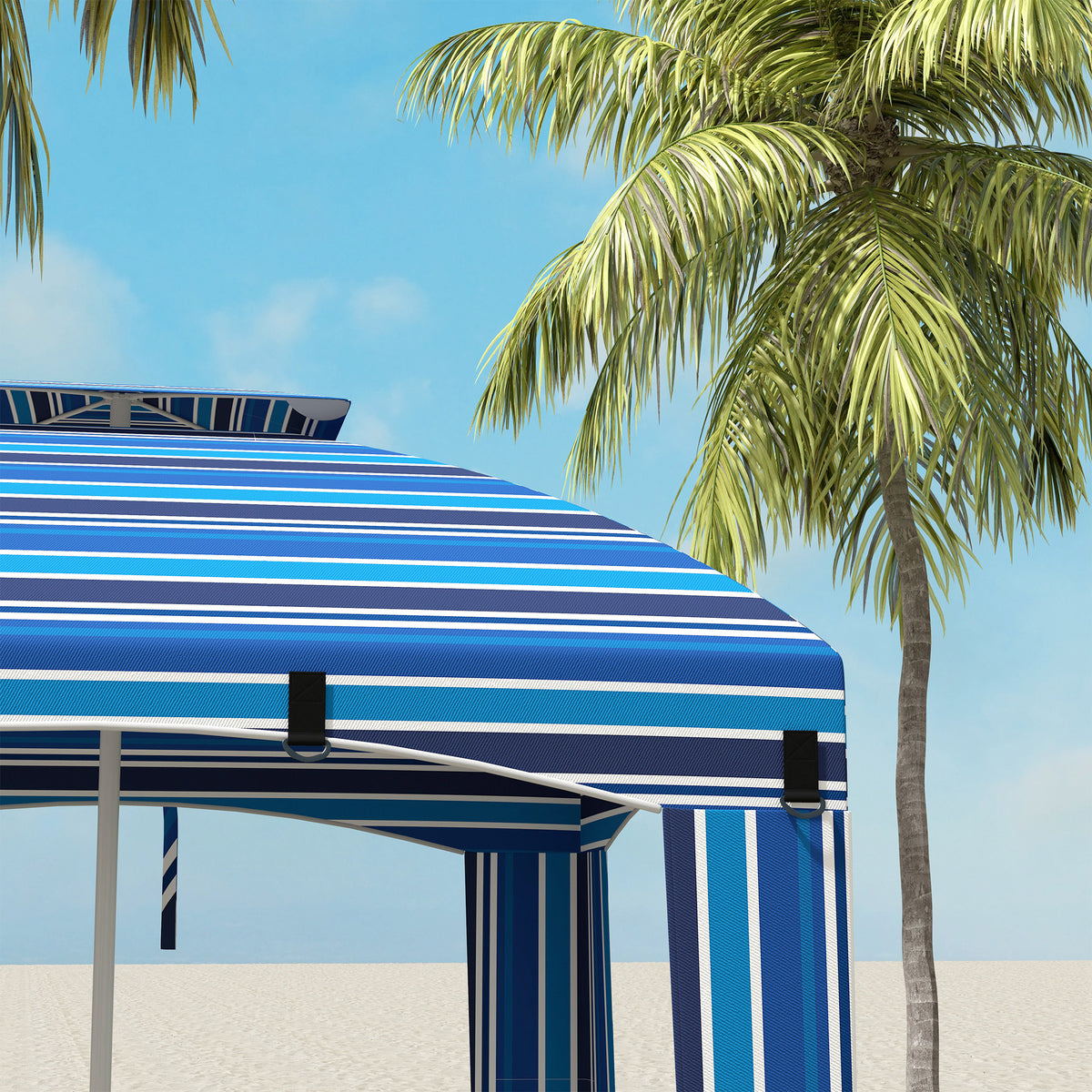 5.8' x 5.8' Cabana Umbrella for Travel, Walls, Vents, Ruffles, Carry Bag, Beach Umbrella, Blue Stripe