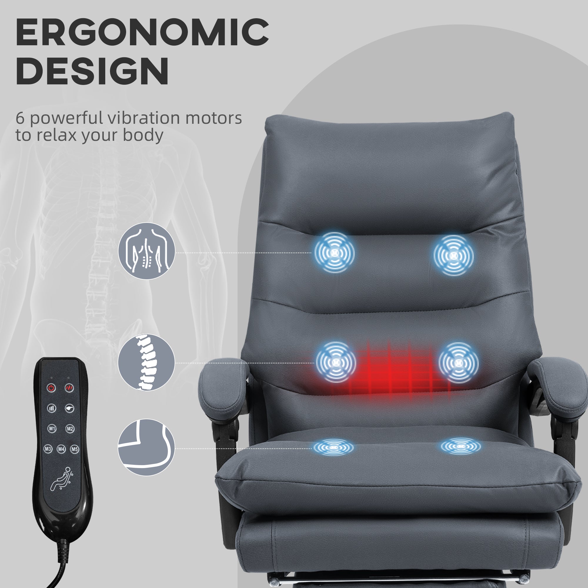 Microfibre Massage Office Chair, Heated Reclining Chair with Footrest, Double-tier Padding, Swivel Wheels, Dark Gray