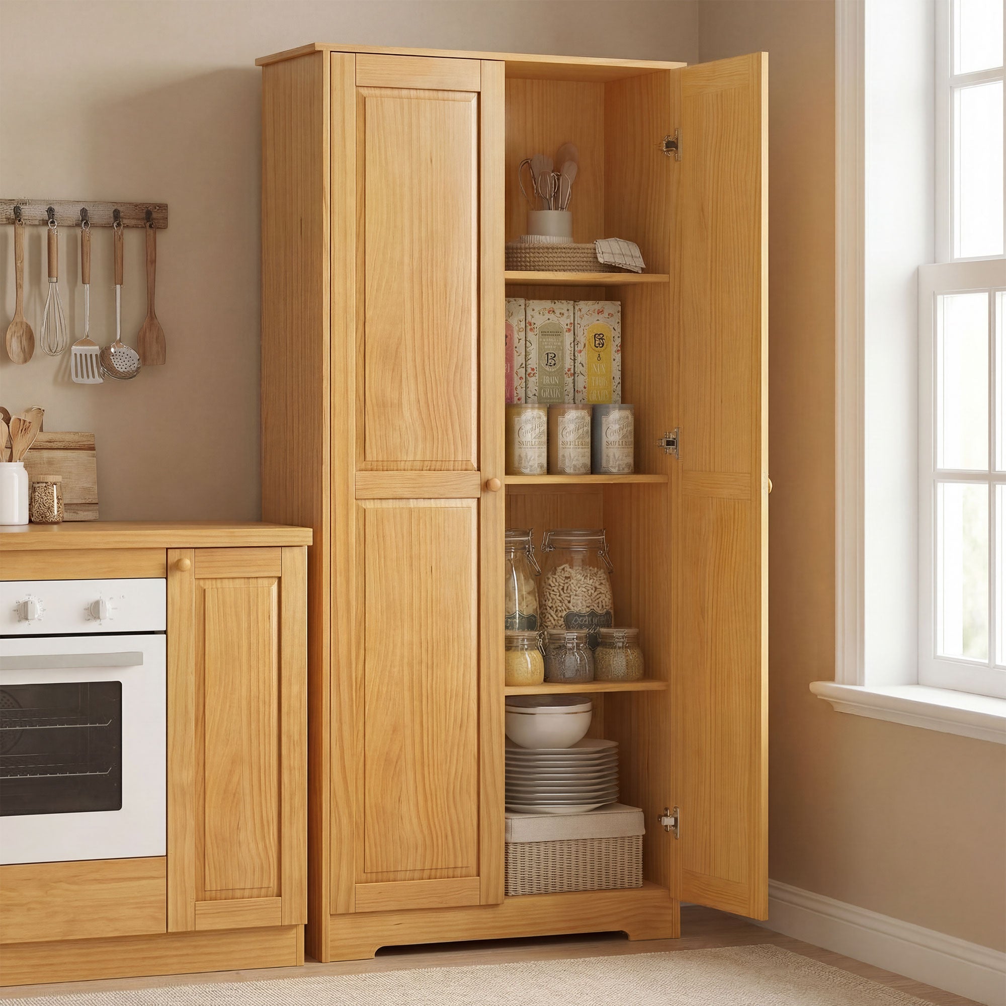 67" Pinewood Kitchen Pantry Storage Cabinet, Freestanding Cabinets with Doors and Shelves, Dining Room