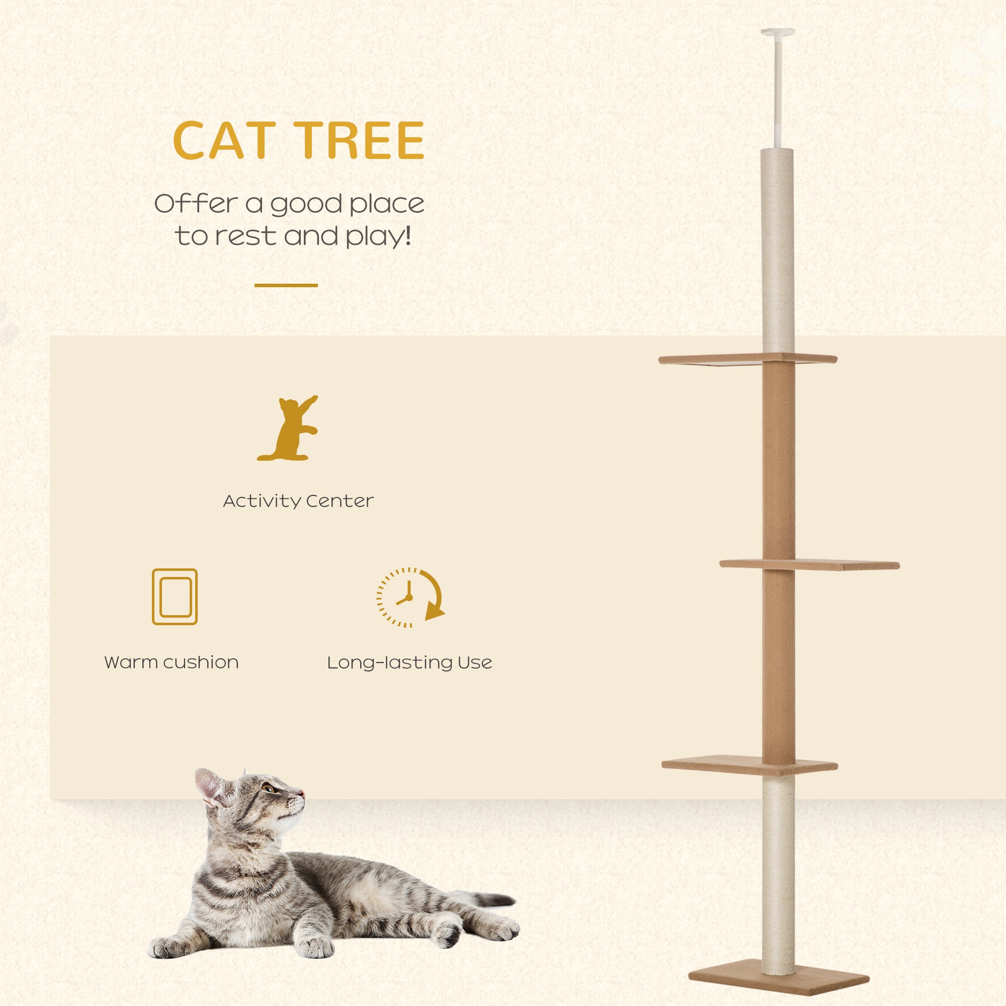 Floor-to-Ceiling Cat Tree Climbing Tower with Sisal-Covered Scratching Posts Natural Cat Tree Activity Center for Kittens Tower Furniture, Light brown