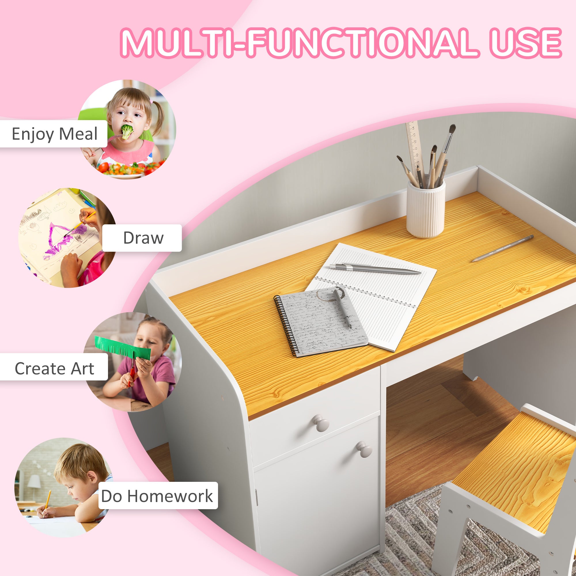 Kids Desk and Chair Set with Storage, Study Desk with Chair, White