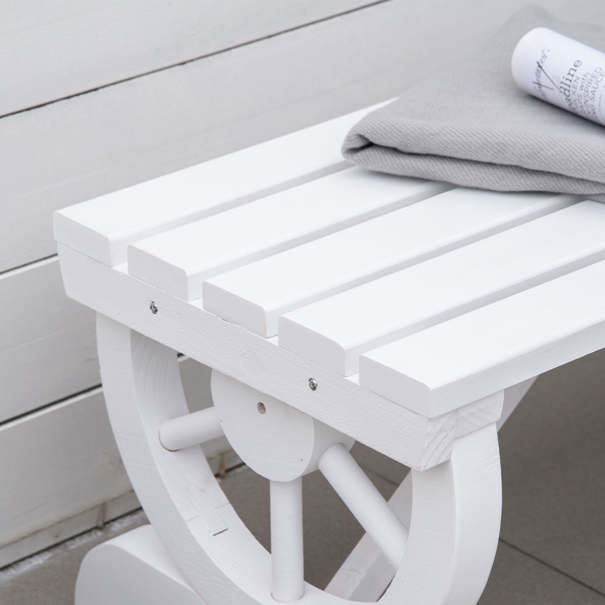 2-Person Wooden Garden Bench, Outdoor Wagon Wheel Porch Bench for Backyard Garden, Support 550 LBS, Rustic Country Style Patio Furniture, White