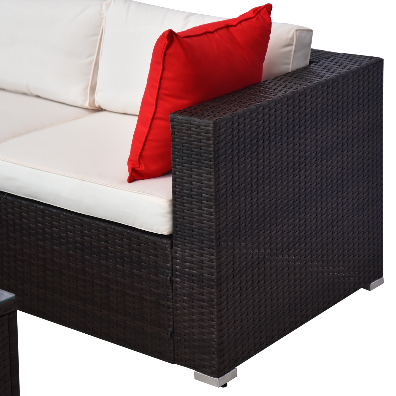 5-Piece Patio Furniture Set with Cushions, Outdoor PE Rattan Wicker Sofa Set, Sectional Furniture with Pillows, Glass Coffee Table for Garden, Backyard, Brown/Cream White