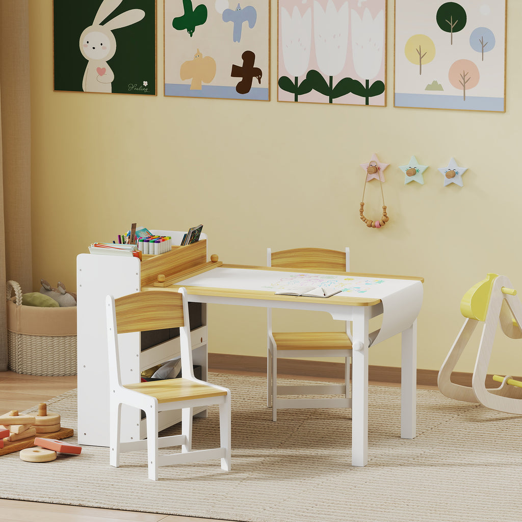 Kids Desk and Chair Set with Paper Roll, Kids Activity Craft Table with Storage Shelves and Drawers, Natural Wood