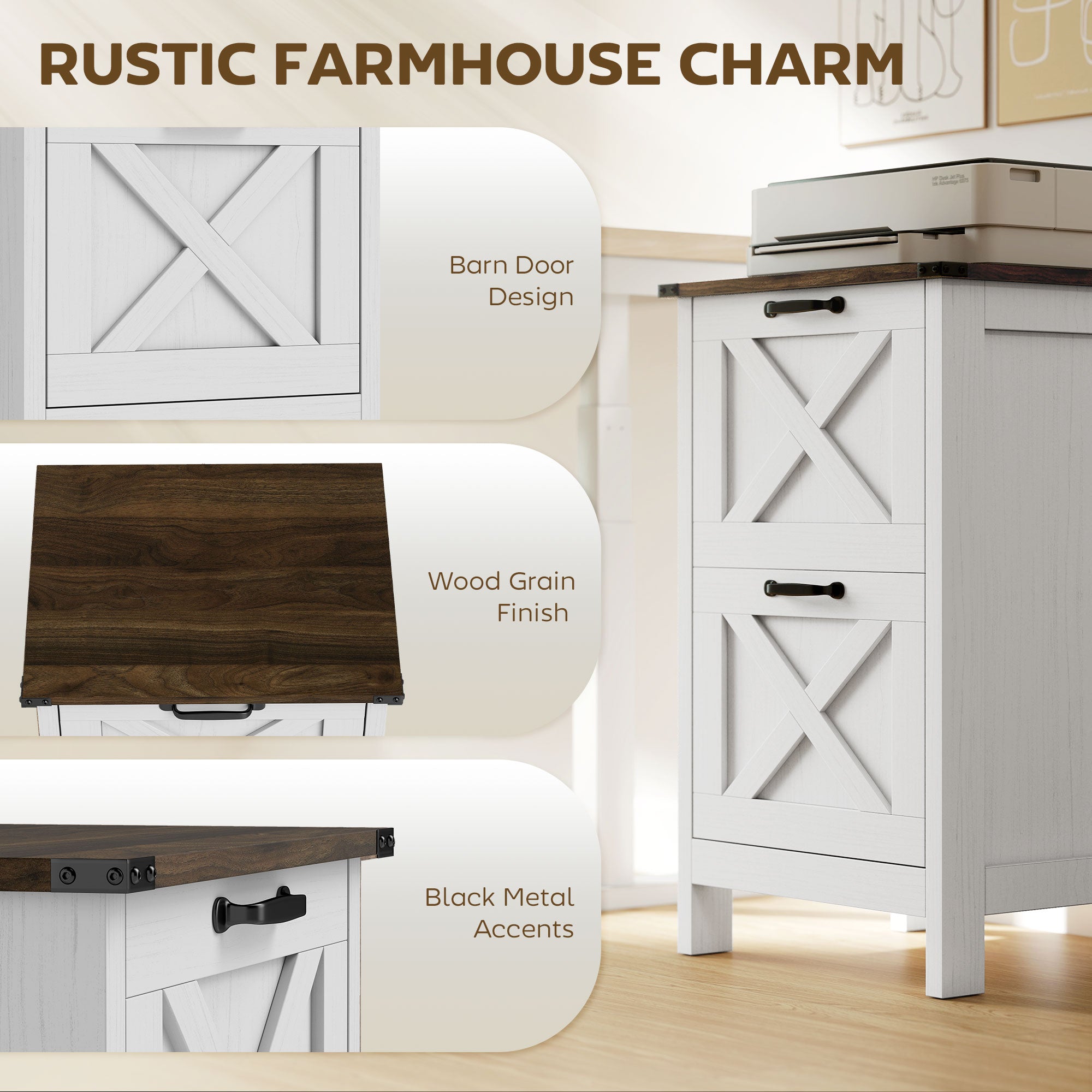 Vertical File Cabinet with 2 Drawers, Rustic Farmhouse Office Storage Cabinet for A4, Letter Size, Distressed White