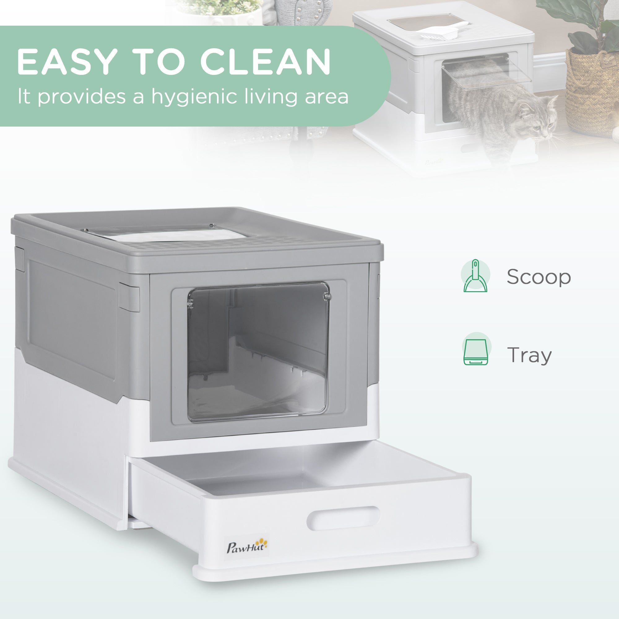 Fully Enclosed Cat Litter Box with Front Entry and Top Exit, Plastic, Gray & White