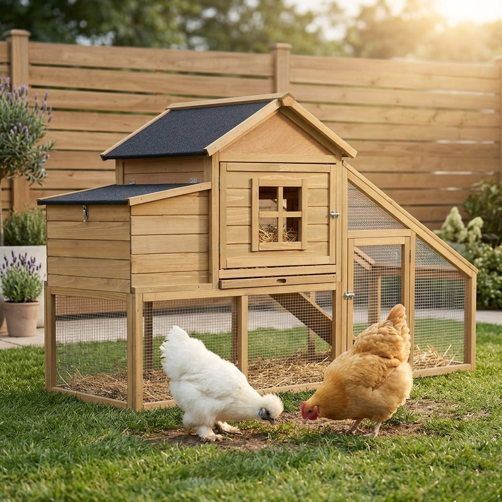 69" Wooden Chicken Coop, Poultry Cage Hen House with Connecting Ramp, Tray, Ventilated Window and Nesting Box