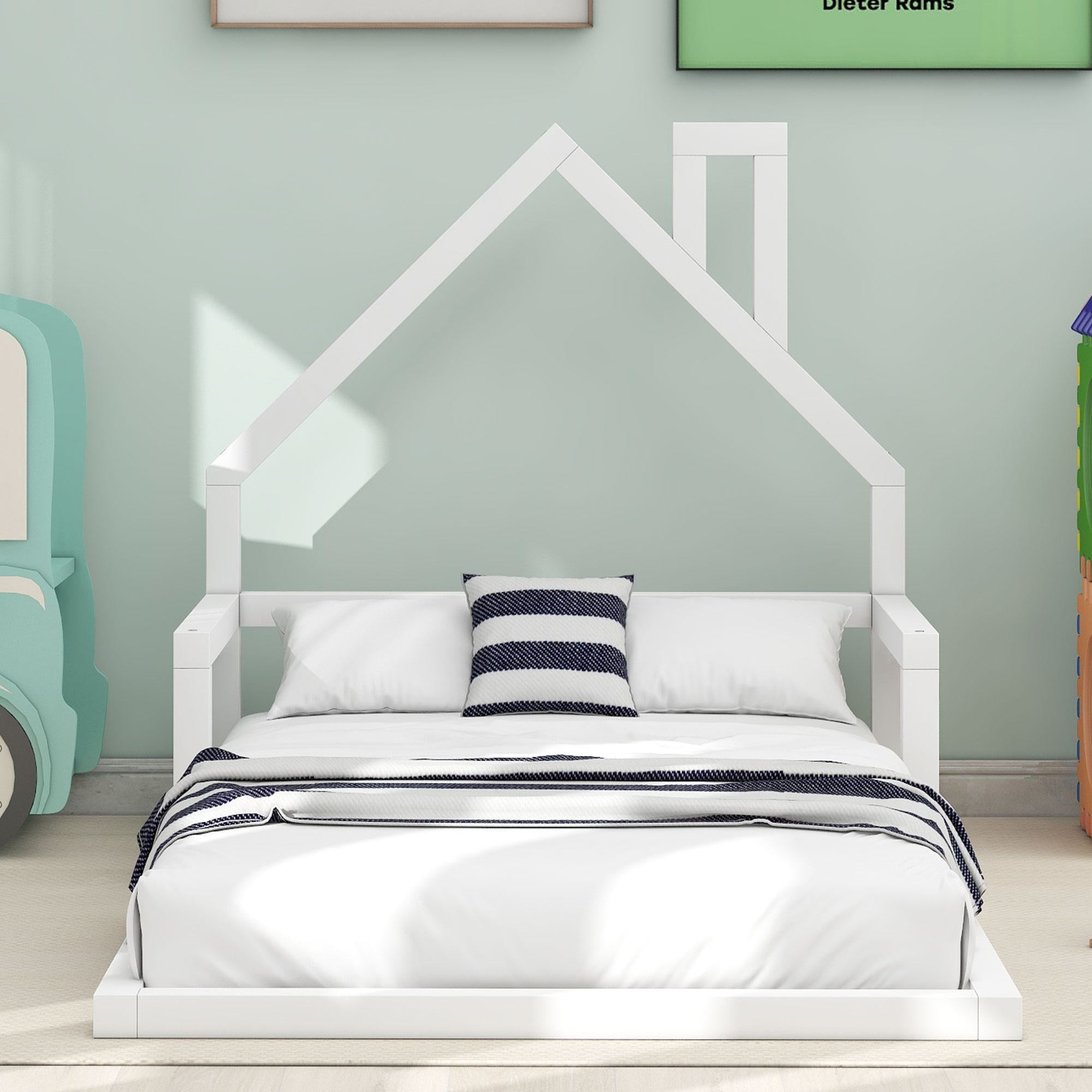 Twin Size Wood Floor Bed with House-Shaped Headboard, Sturdy Wood Construction, No Box Spring Needed, 78" L x 41.5" W x 39" H, White