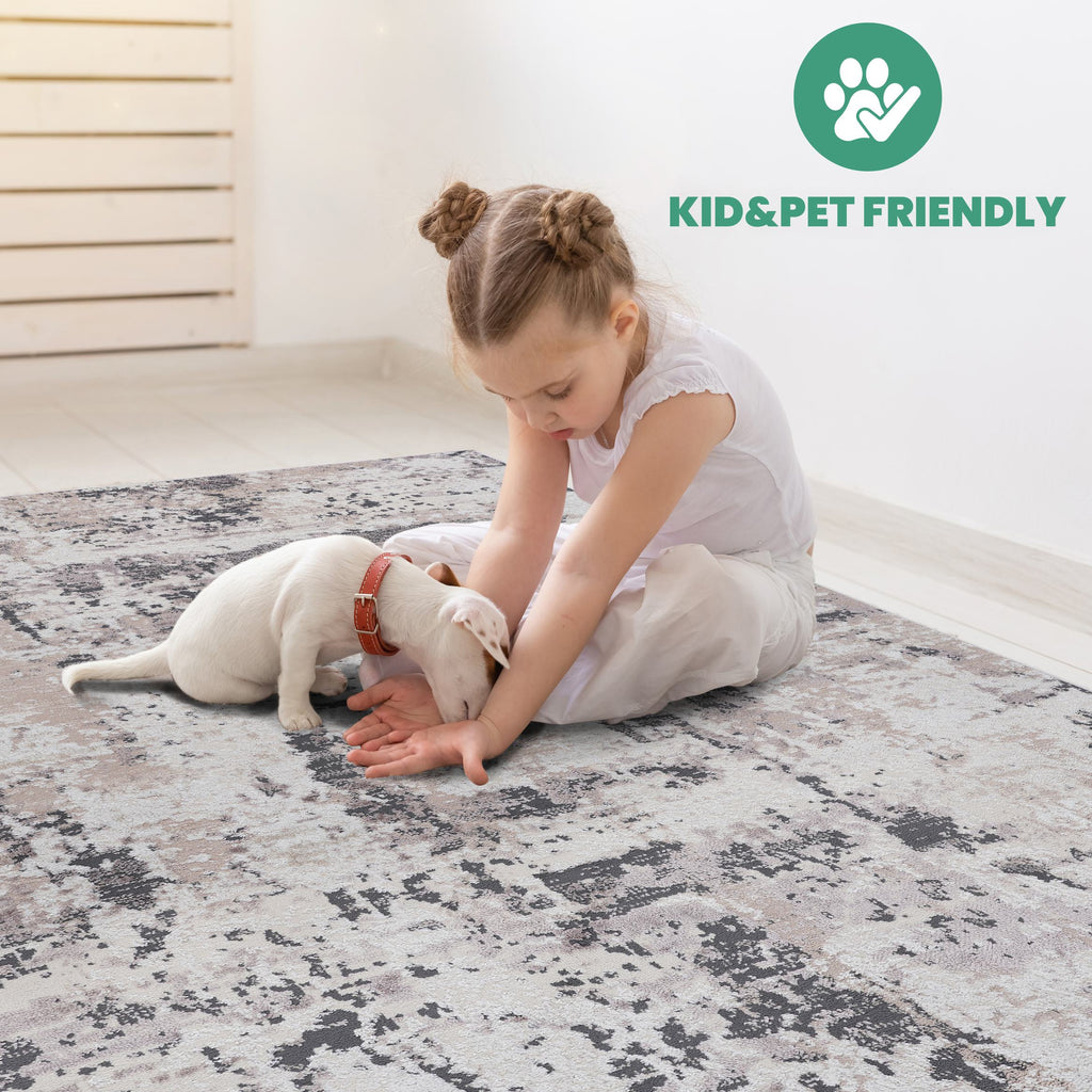 Naar 8x10 Stain-Resistant Area Rug with Cotton Backing, Medium Pile Height, Kid and Pet-Friendly Carpet, 120" L x 93" W x 0.3" H, Cream+Brown