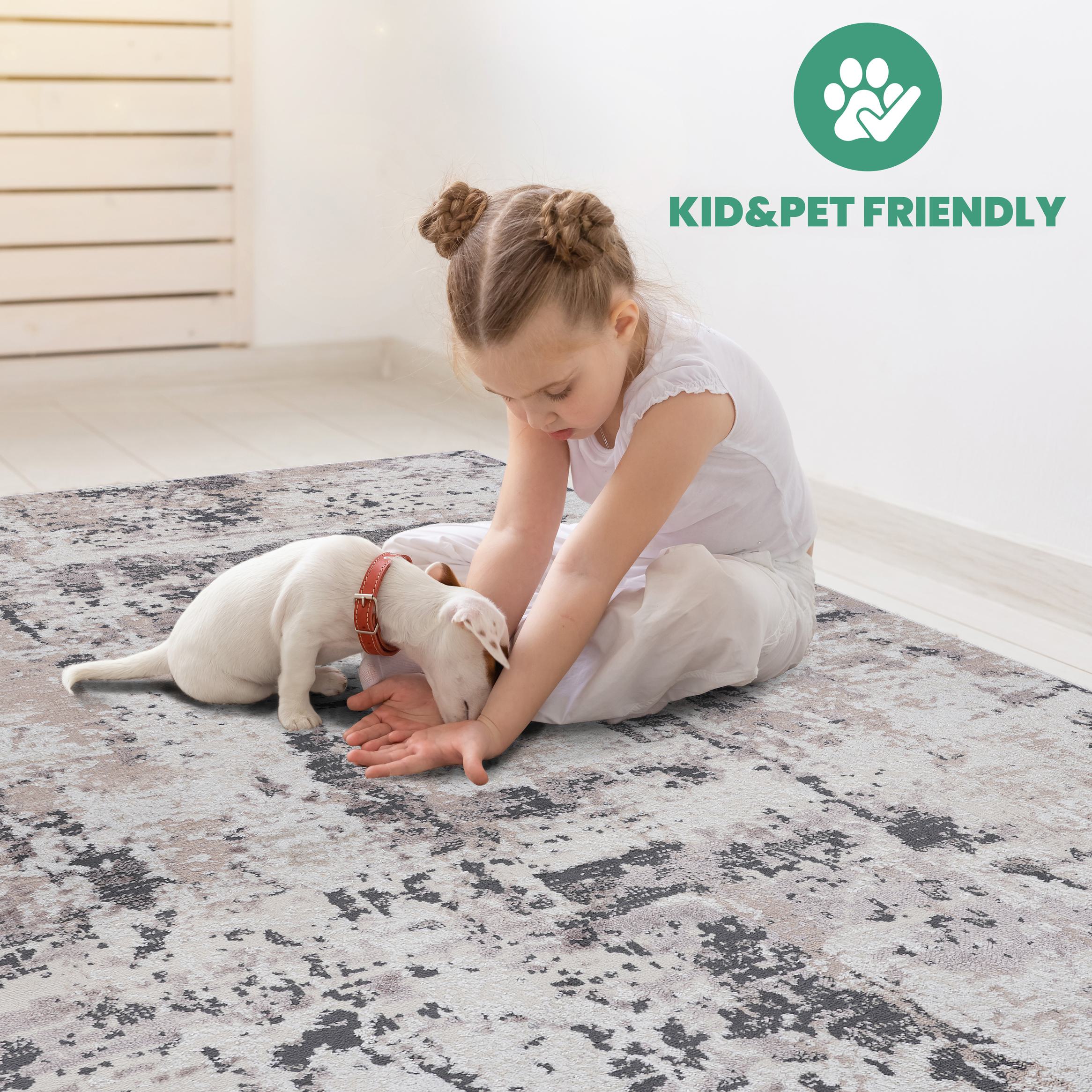 Naar 8x10 Stain-Resistant Area Rug with Cotton Backing, Medium Pile Height, Kid and Pet-Friendly Carpet, 120" L x 93" W x 0.3" H, Cream+Brown