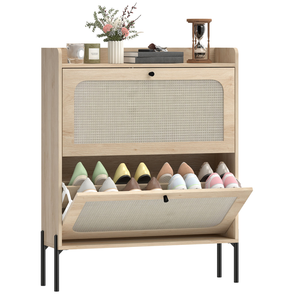 Shoe Cabinet with 2 Flip Drawers, Boho Narrow Shoe Storage Cabinet, Oak