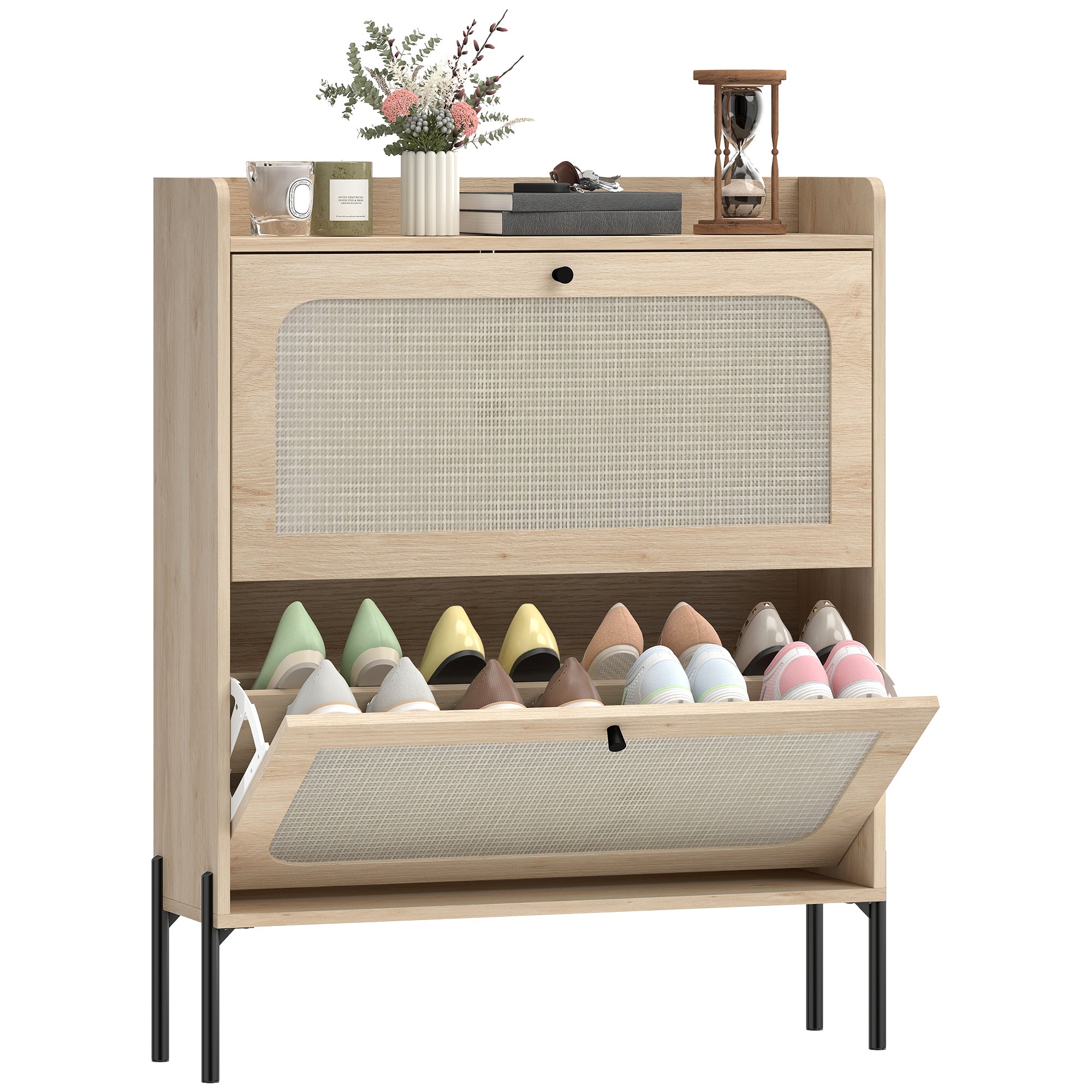 Shoe Cabinet with 2 Flip Drawers, Boho Narrow Shoe Storage Cabinet, Oak