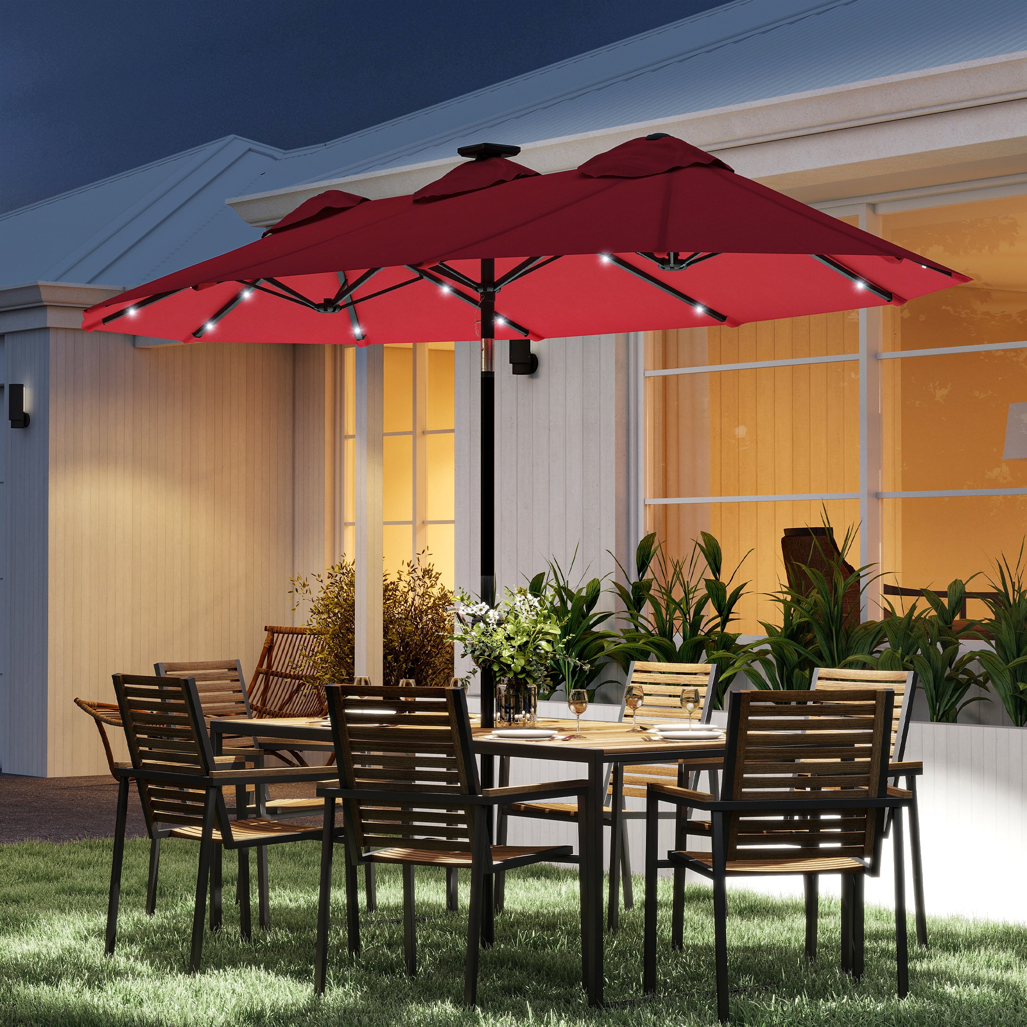 Double-sided Patio Umbrella, 9.7' Outdoor Umbrella with Tilt and Crank, LED Solar Light and 12 Ribs, Wine Red