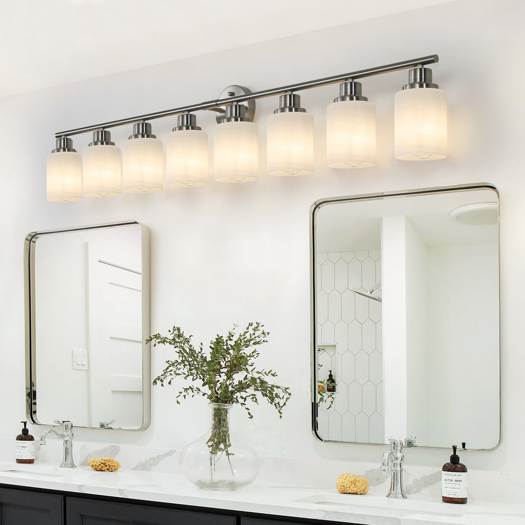 52" 8-Light Vanity Wall Sconce with Frosted Glass Shades, Brushed Nickel Finish, Ideal for Bathroom, Hallway, 52" L x 6.5" W x 10" H, Silver