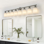 52" 8-Light Vanity Wall Sconce with Frosted Glass Shades, Brushed Nickel Finish, Ideal for Bathroom, Hallway, 52" L x 6.5" W x 10" H, Silver