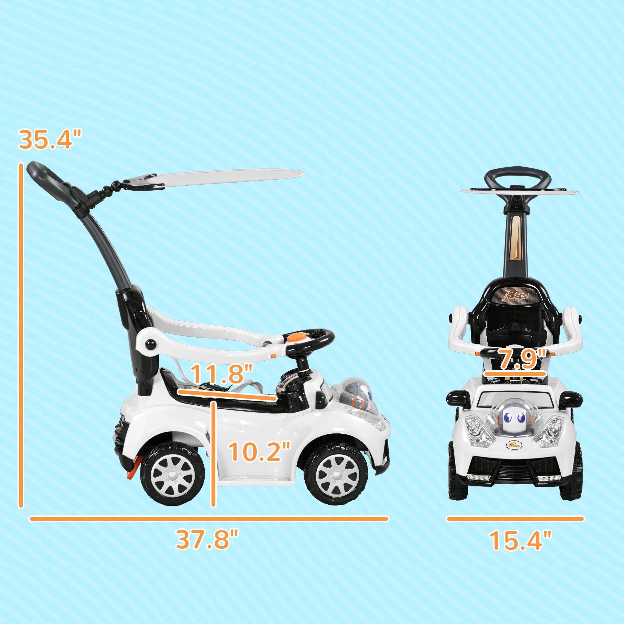 3 in 1 Push Car Sliding Car with Removable Handle, Music, Horn, Canopy, Safety Guardrail, White
