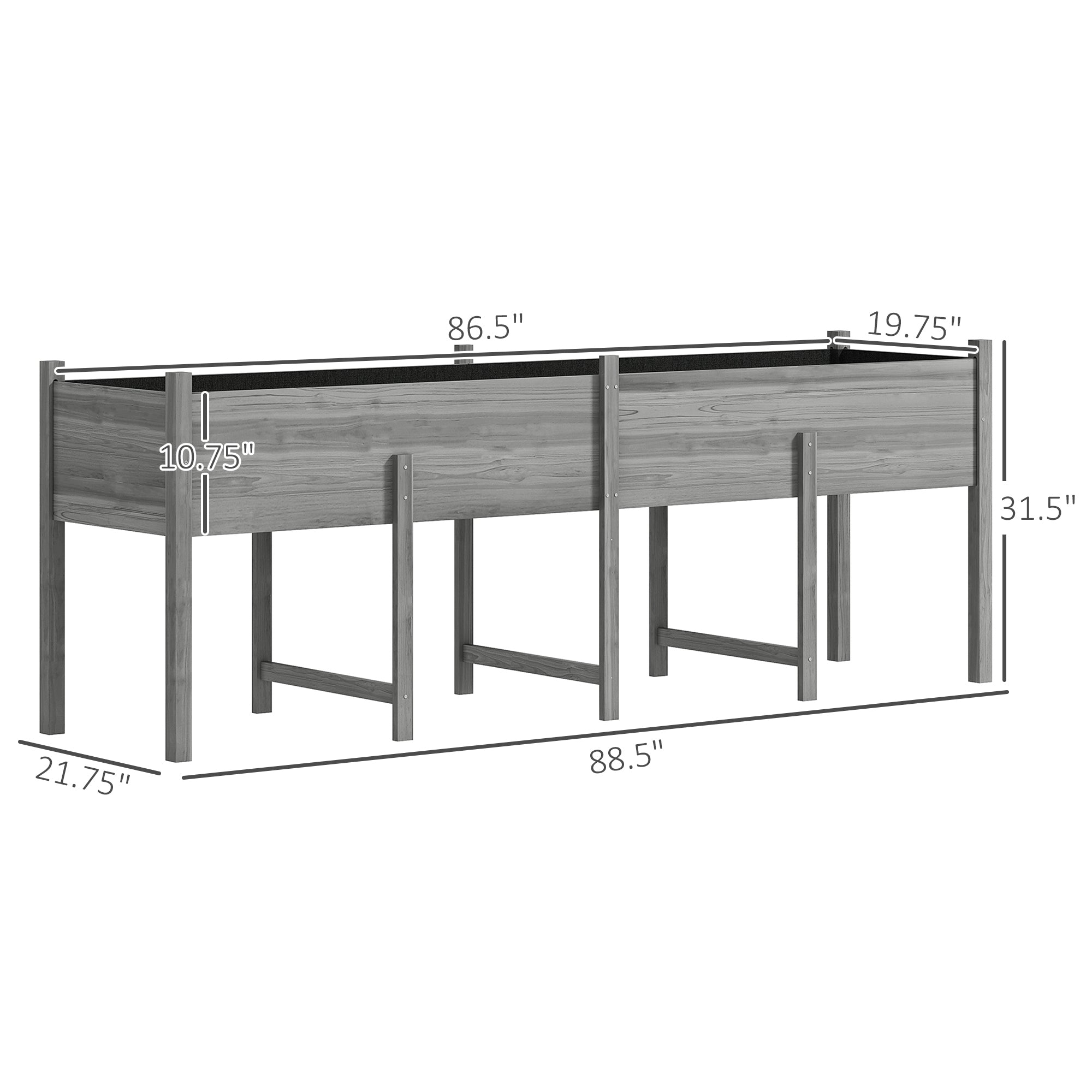 Wooden Raised Garden Bed, Large Elevated Planter Box with Legs, Bed Liner and Drain Holes, 7.4' x 1.8' x 2.6', Gray