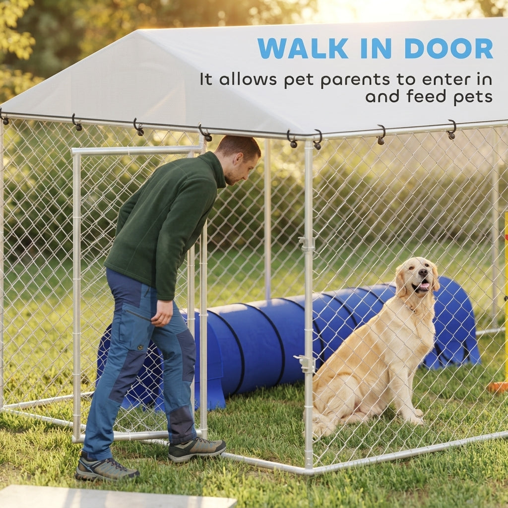 20' x 7.5' x 6.5' Dog Kennel Outdoor for Small Medium Large Dogs with Waterproof Roof, Silver