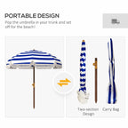 6.2' Beach Umbrella for Travel, Vent, Ruffles, Carry Bag, Portable Outdoor Umbrella for Garden, Blue Stripe