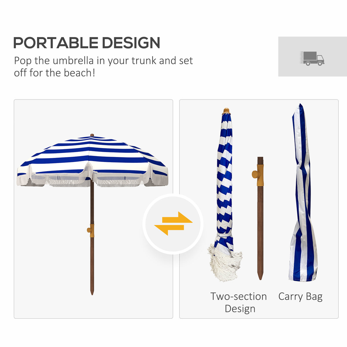 6.2' Beach Umbrella for Travel, Vent, Ruffles, Carry Bag, Portable Outdoor Umbrella for Garden, Blue Stripe