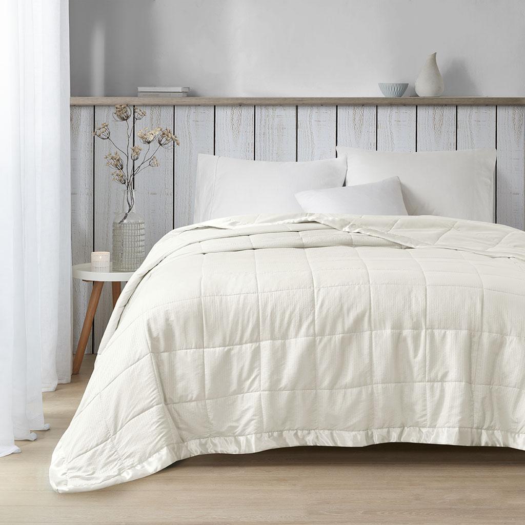 Oversized Down Alternative Blanket with 3M Scotchgard Treatment, Satin Trim, Hypoallergenic Polyester, 96" L x 90" W x 0.25" H, Ivory