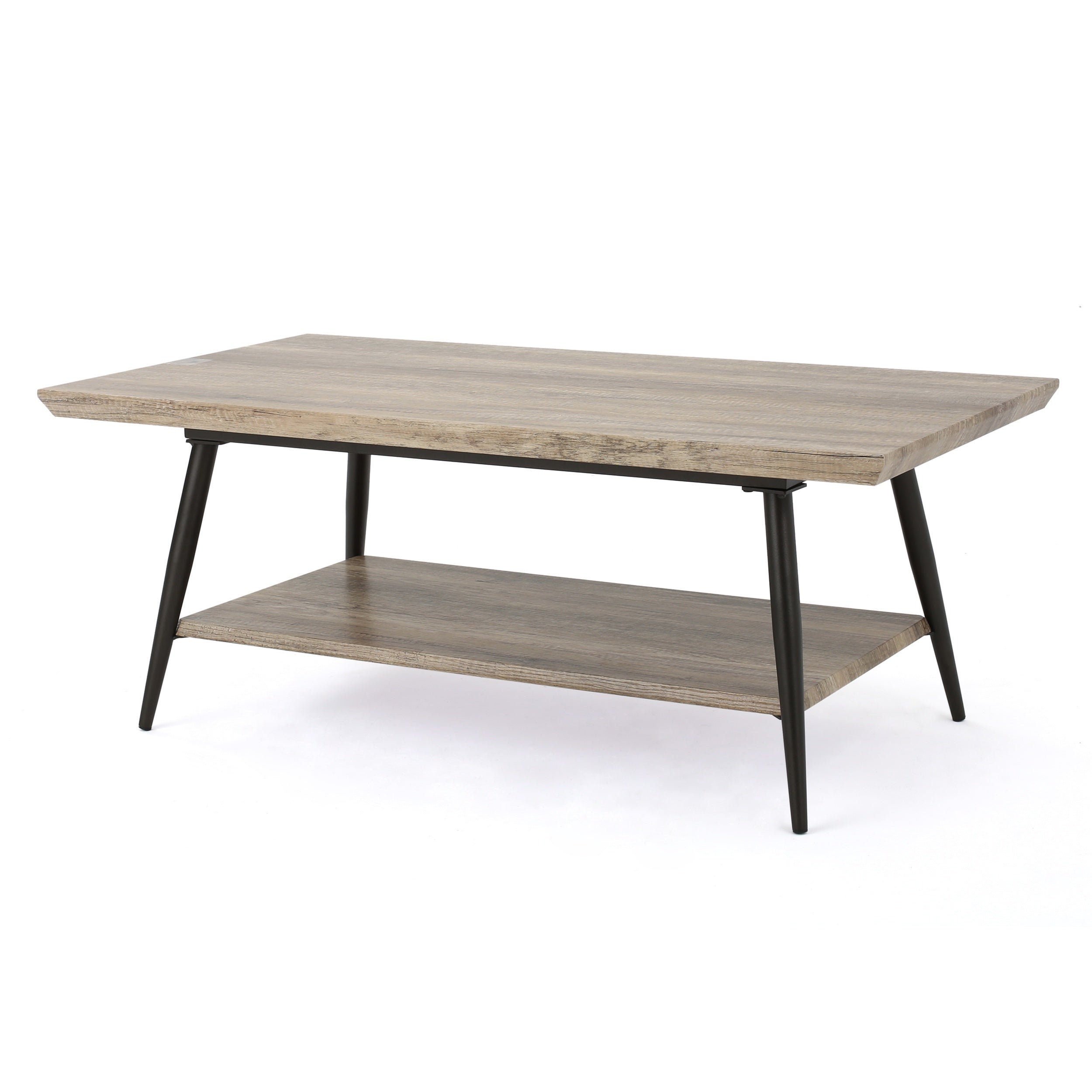Mid-Century Coffee Table with Lower Shelf, Powder-Coated Steel Legs, MDF with Veneer, 43.25" L x 23.5" W x 17" H, Grey