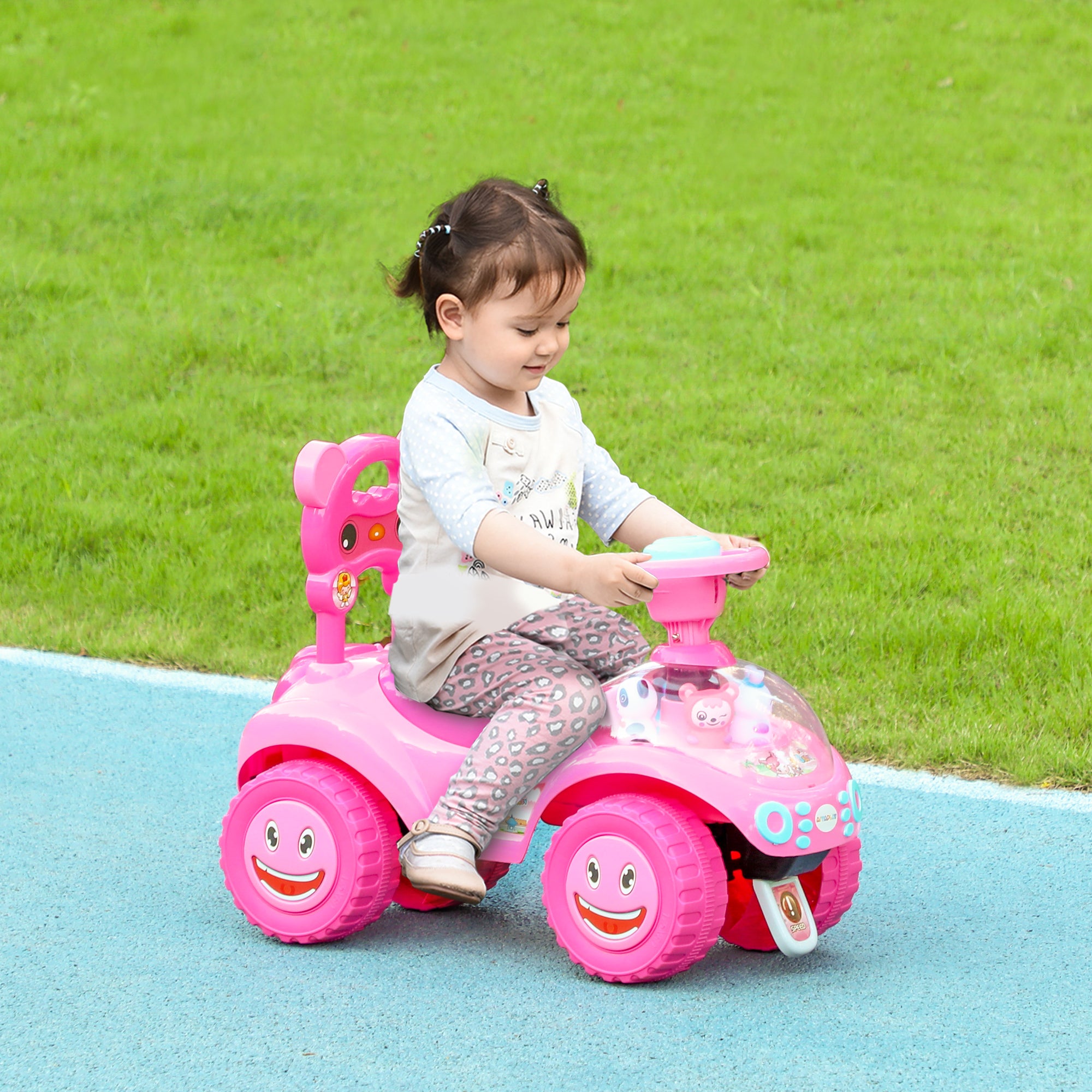 Foot to Floor Toddler Push Car w/ Horn, Light, Music, Anti-Over-Backwards Device & Underseat Storage, Pink