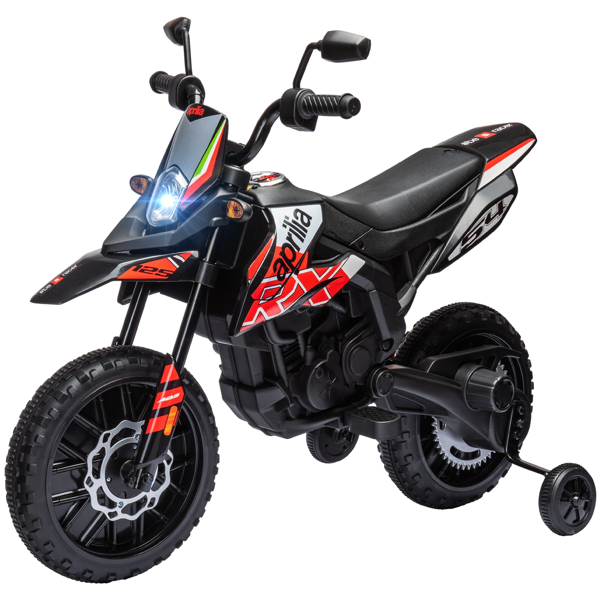 12V Aprilia Licenced Kids Motorcycle with Training Wheels, Spring Suspension, LED Light, USB, Music, Red