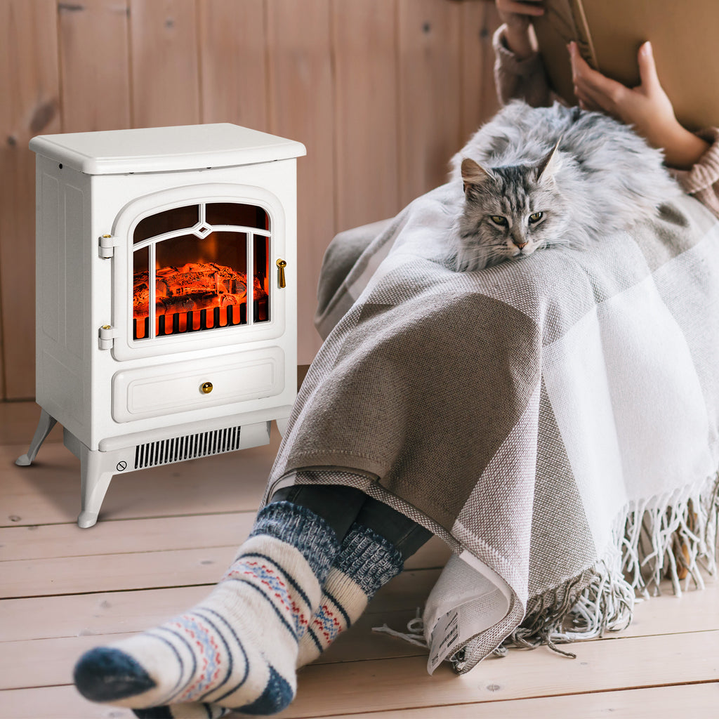Fireplace Stove, Electric Fireplace Heater with Realistic LED Flames and Logs, 725W/1450W, White