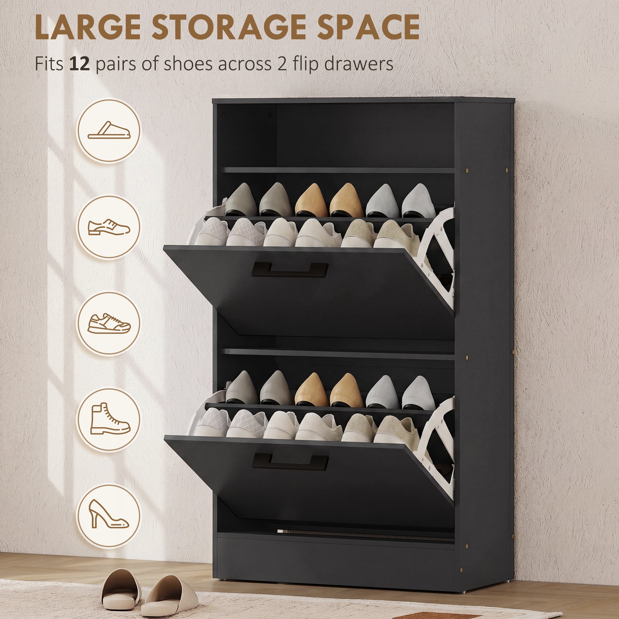 Shoe Cabinet 2 Flip Drawers Adjustable Dividers Shoe Storage Cabinet Top Shelf Entryway Black