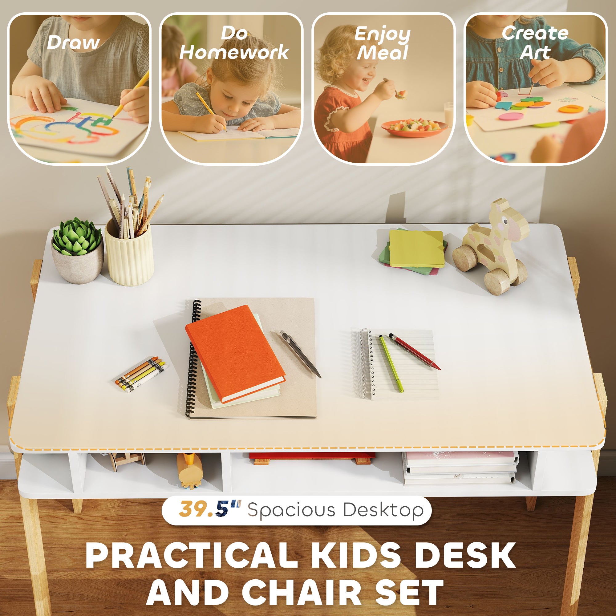 Kids Desk and Chair Set with Storage for Bedroom, School, Gift for Children Ages 3-12, White